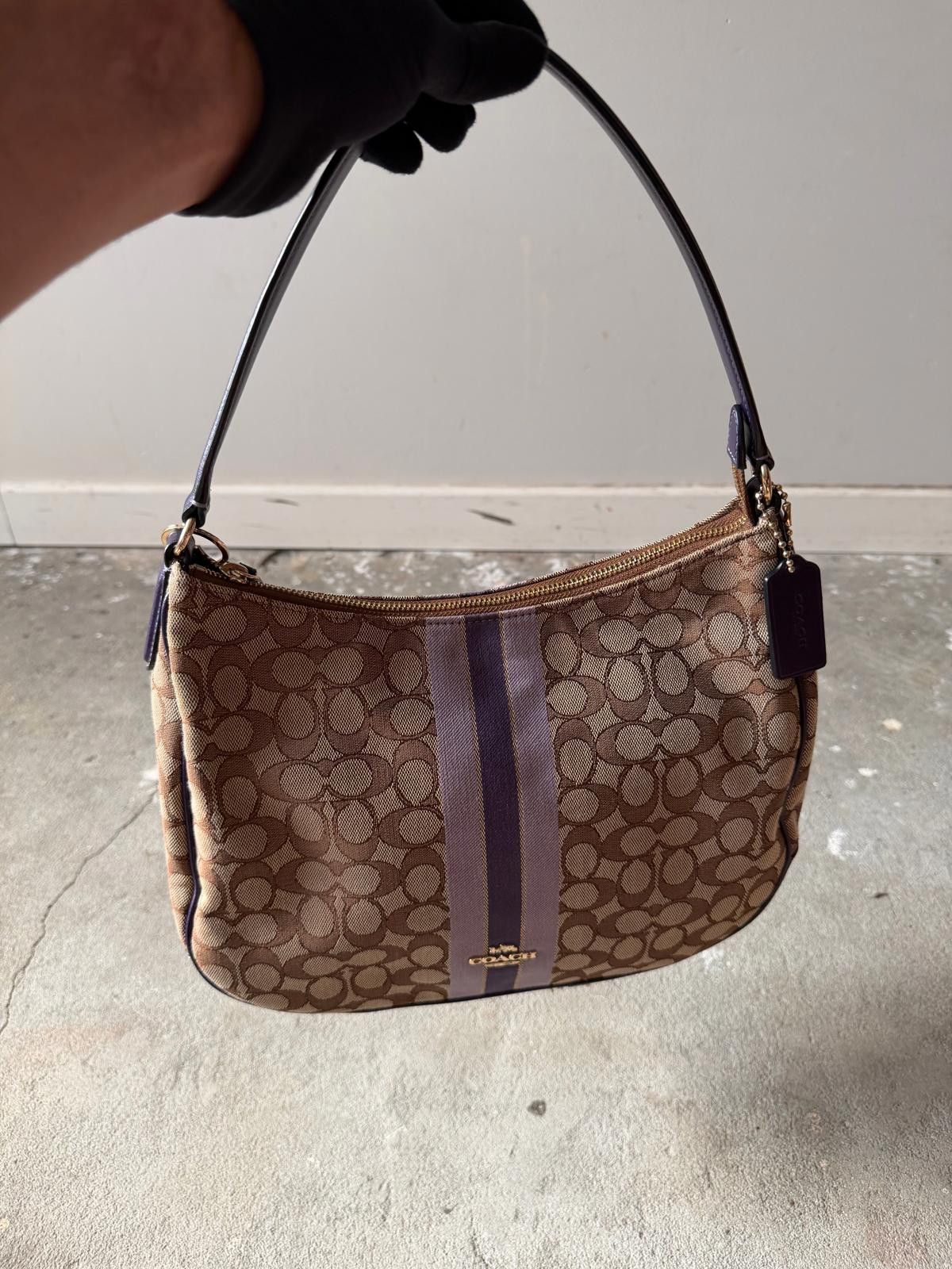 Coach Coach Signature Hobo Stripe Canvas Shoulder Bag Beige/Purple Size ONE SIZE - 5 Thumbnail