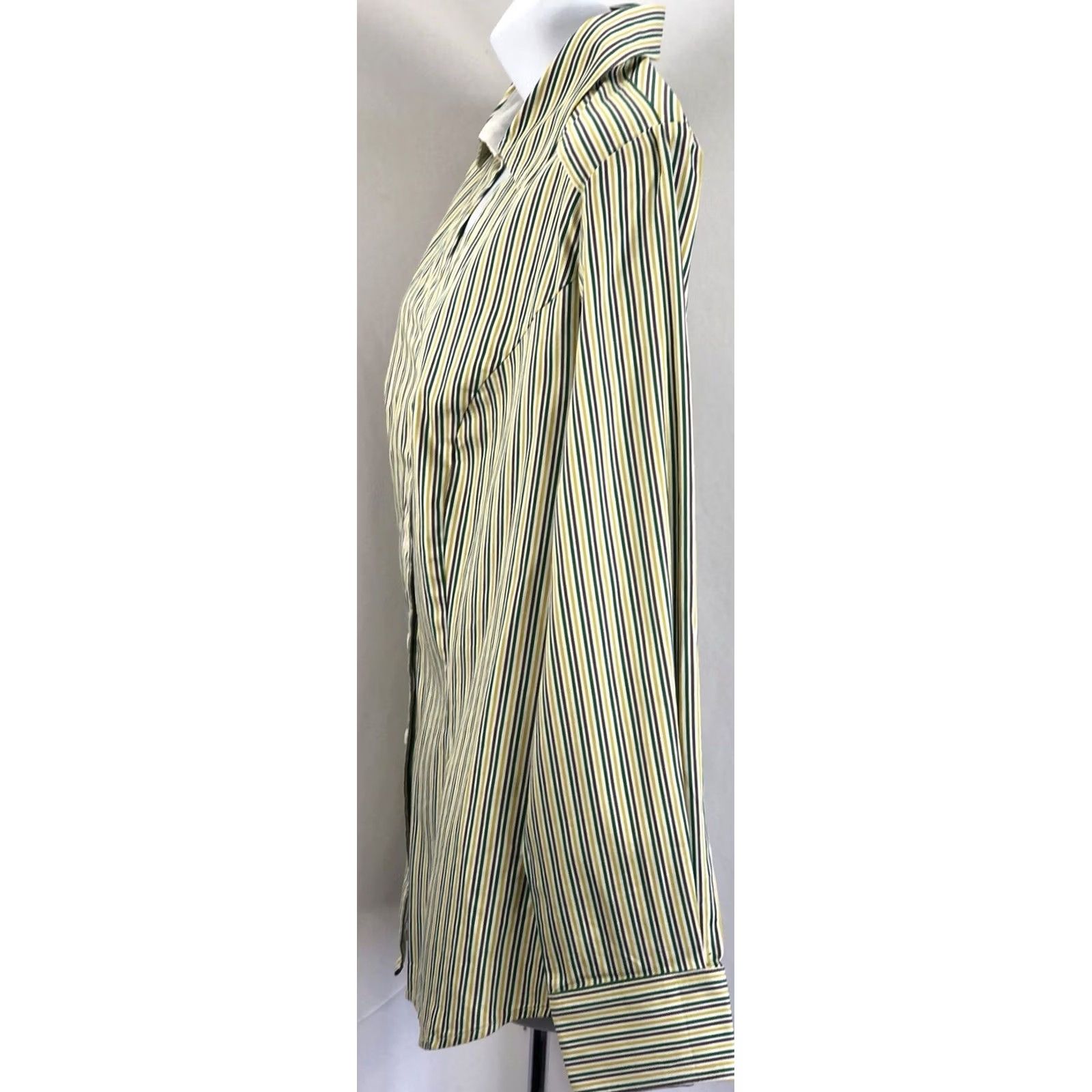 Vintage Lane Bryant Button-Up Top Striped Green Yellow V-Neck Collar 2000s 14 Women Regular Size XS-XL? Size XL / US 12-14 / IT 48-50 - 2 Thumbnail