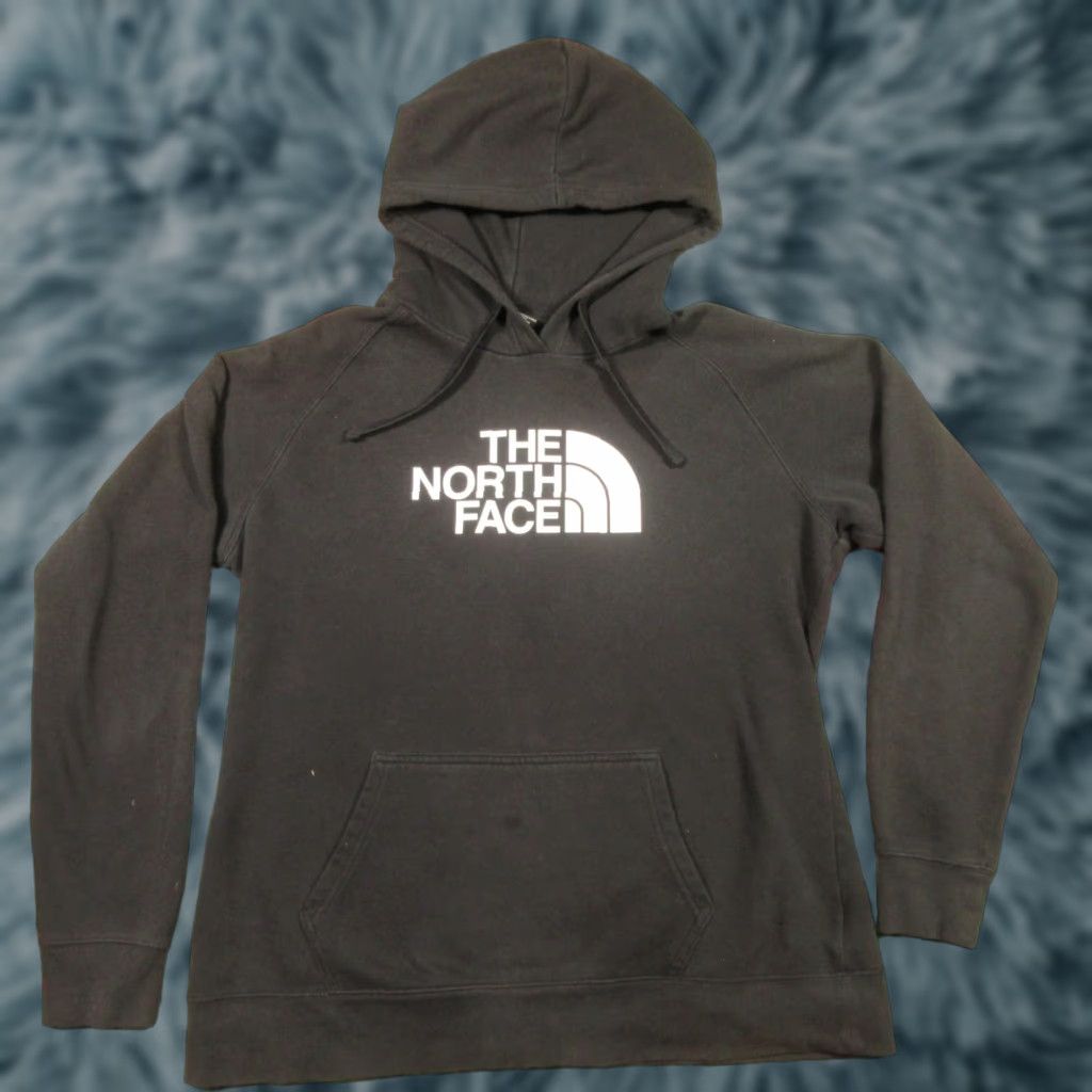 The North Face Hoodie Womens L Black Fleece Pullover Outdoor Big Logo Distressed (Size Large)