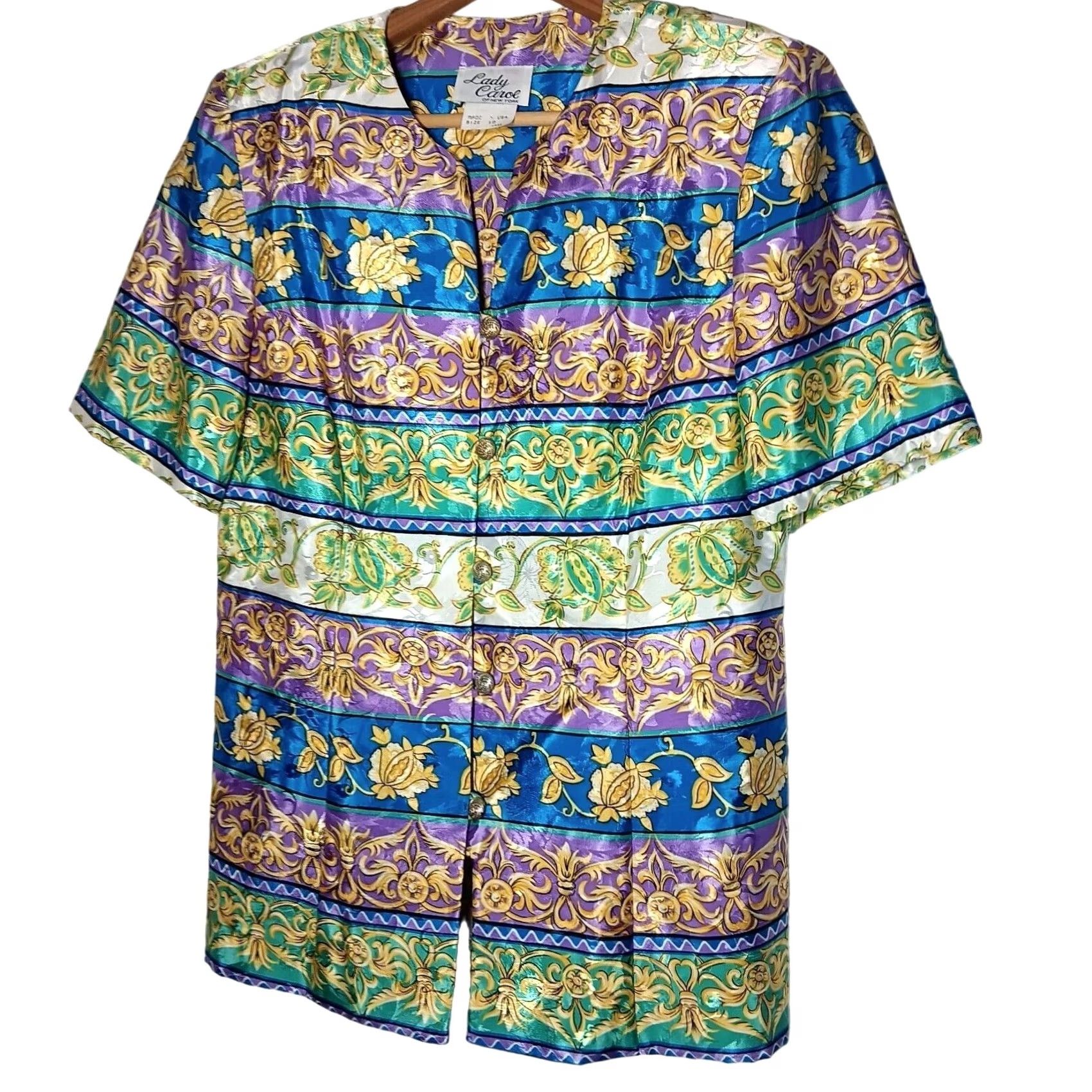 Vintage VINTAGE Lady Carol Of New York Skirt Shirt Set 10 Blue Gold Button Floral Shimm Size L / US 10 / IT 46 - 6 Thumbnail