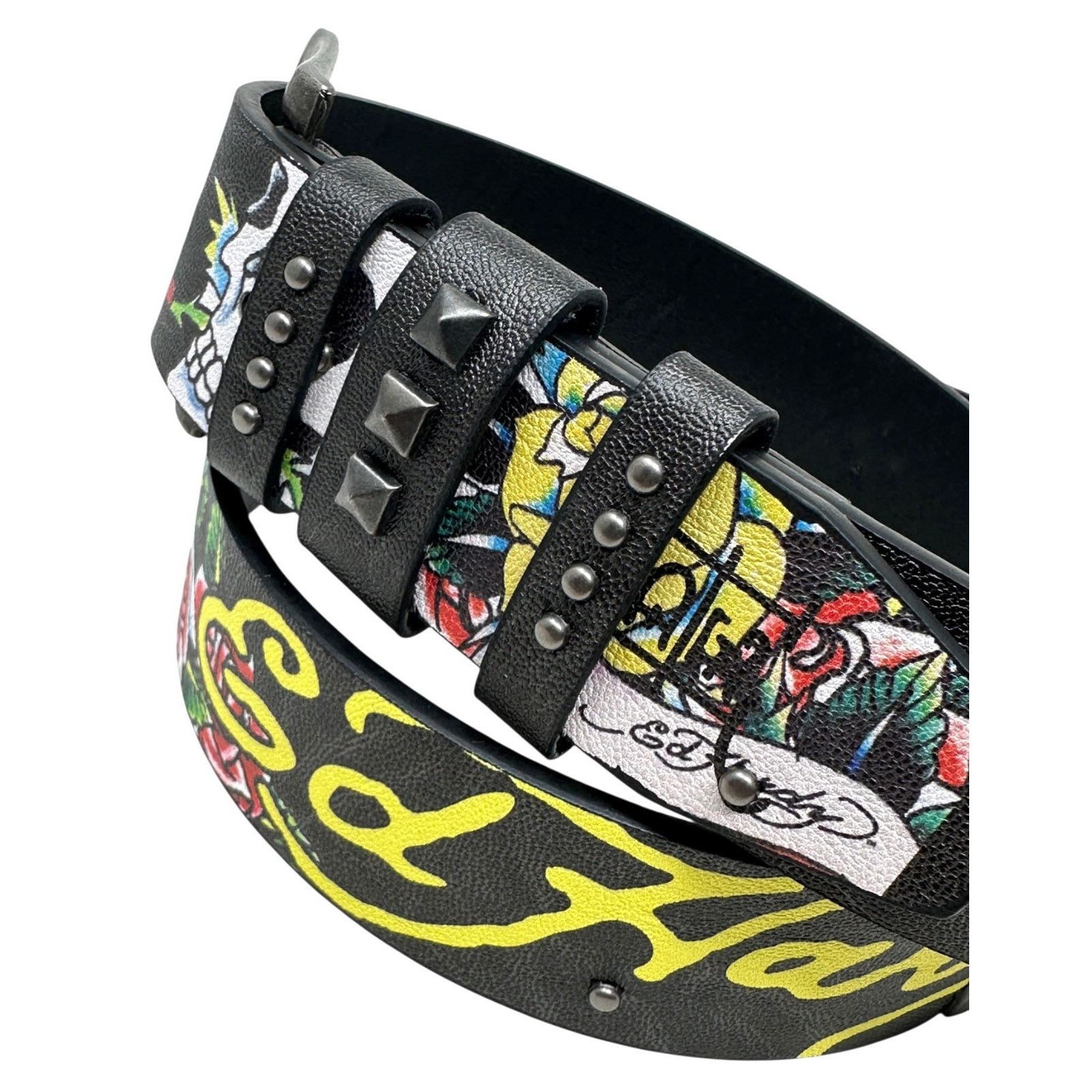 Ed Hardy Ed Hardy Skulls and Roses Printed Black Belt Rivet Studs Size 38 - 2 Thumbnail