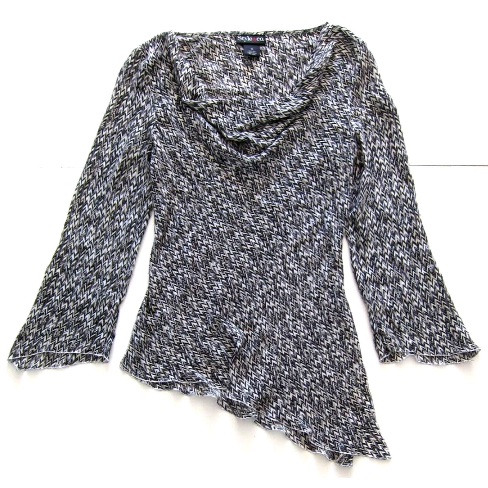 Vintage Style & Co. Silk Black White Long Sleeve Blouse 10 Shirt Women Slouch Neck Asymmetrical Sleeve Geometric Pattern 10 Size L / US 10 / IT 46 - 2 Thumbnail