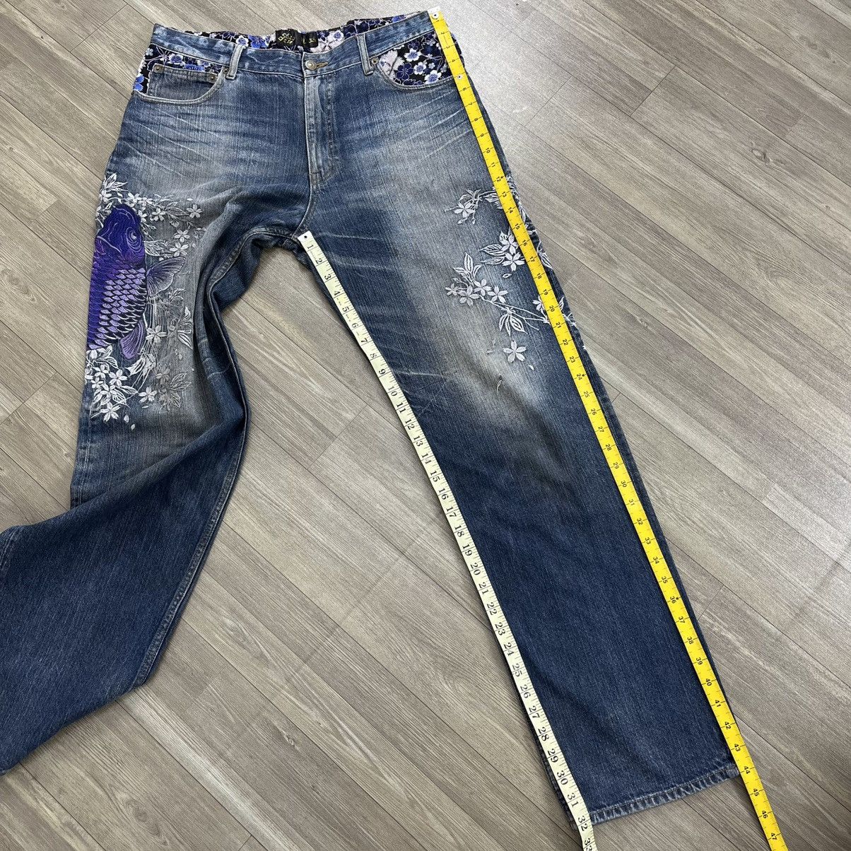 Ed Hardy Vintage Karakuri Tamashii Koi Flowers Embroidery Jeans Y2K Size US 32 / EU 48 - 21 Thumbnail