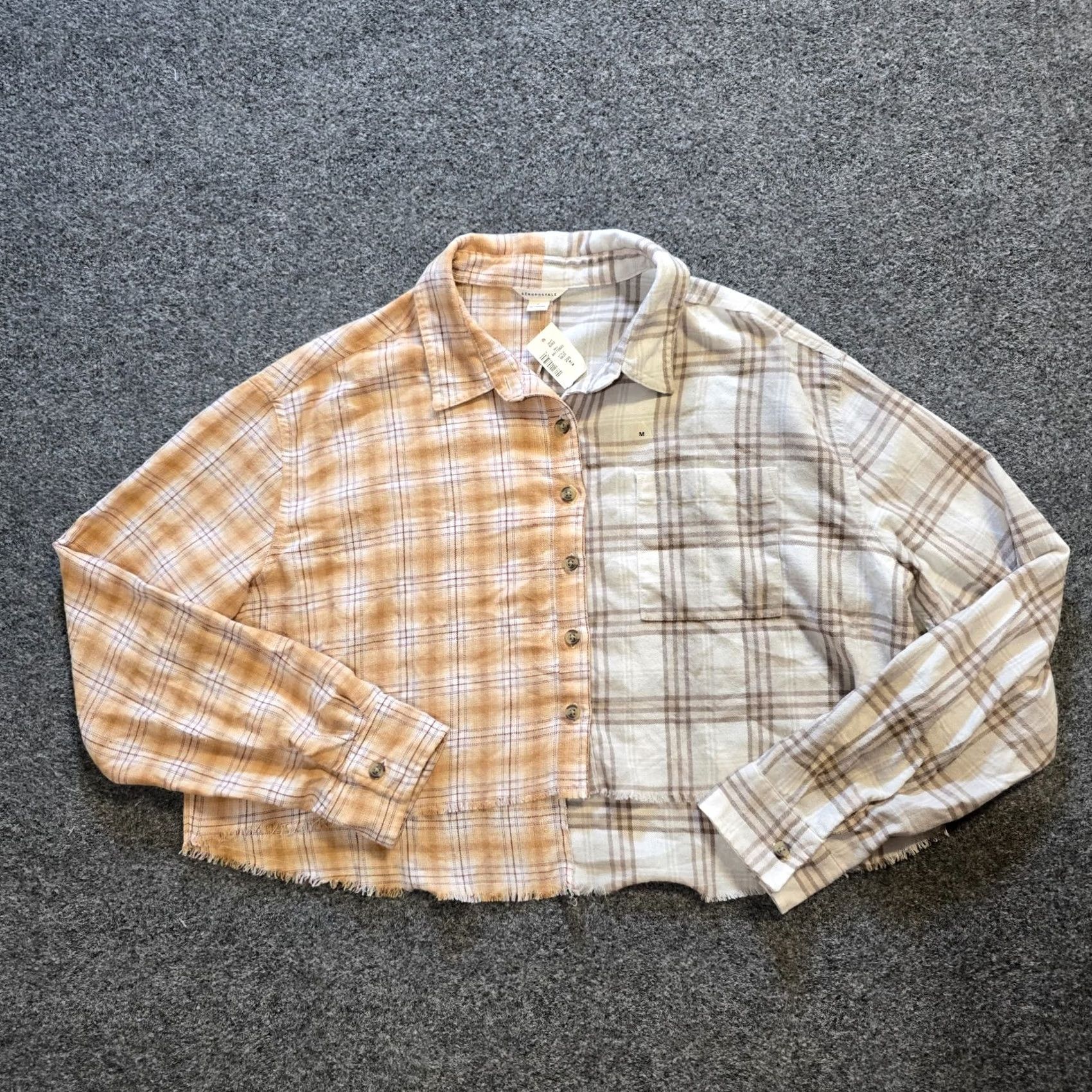 Aeropostale Aeropostale Top Women Medium Beige Tan Plaid Flannel Cropped Button Up Shirt Size M / US 6-8 / IT 42-44 - 2 Thumbnail