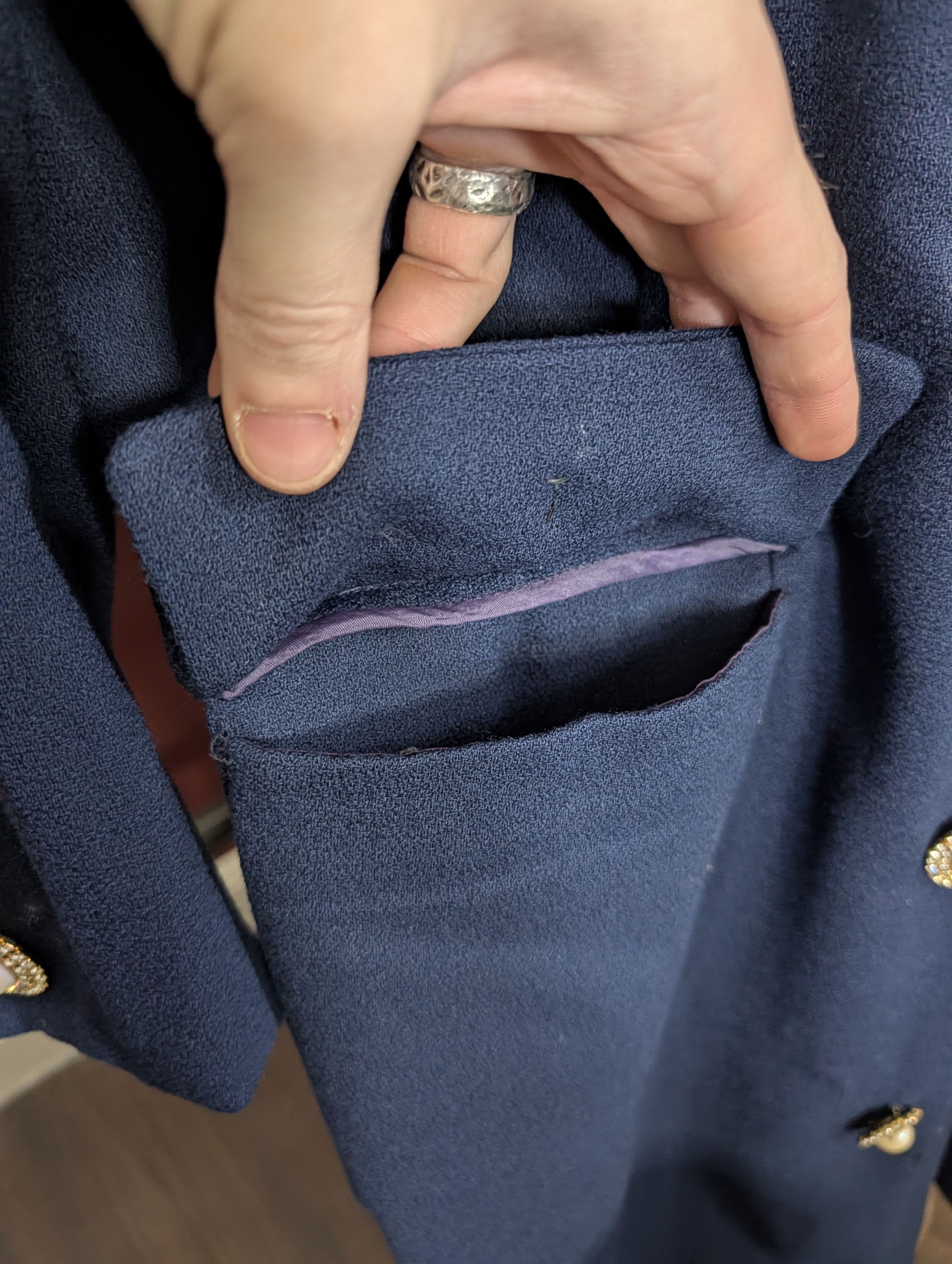 Pierre Balmain 80s VTG Navy Wool Pearl Crystal Gold Button Coat Dress Size L / US 10 / IT 46 - 7 Thumbnail