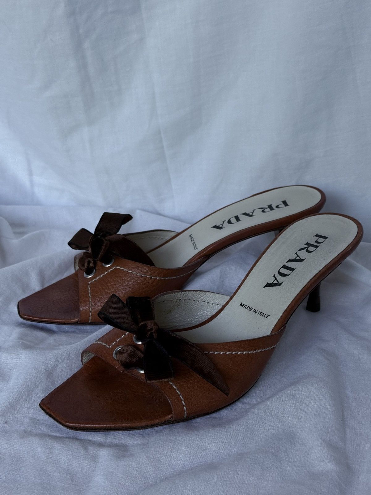 Prada Leather Brown Velvet Bows Mules Kitten Heels