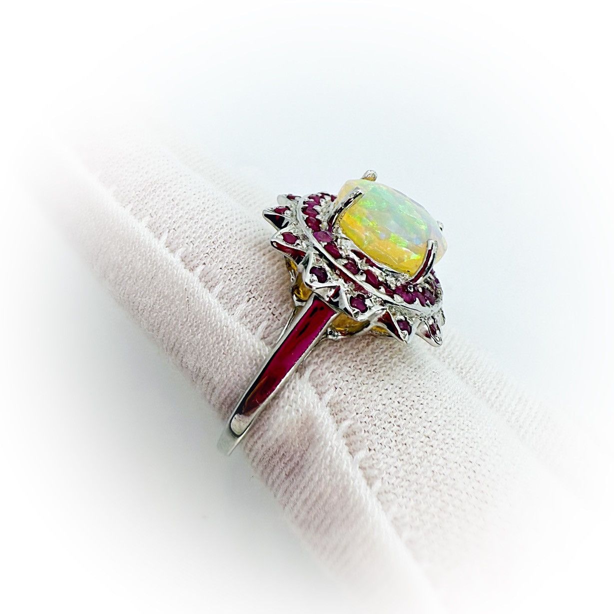 Nordstrom 14k White Gold over Silver Ethiopian Opal and Ruby Ring! Size ONE SIZE - 4 Thumbnail