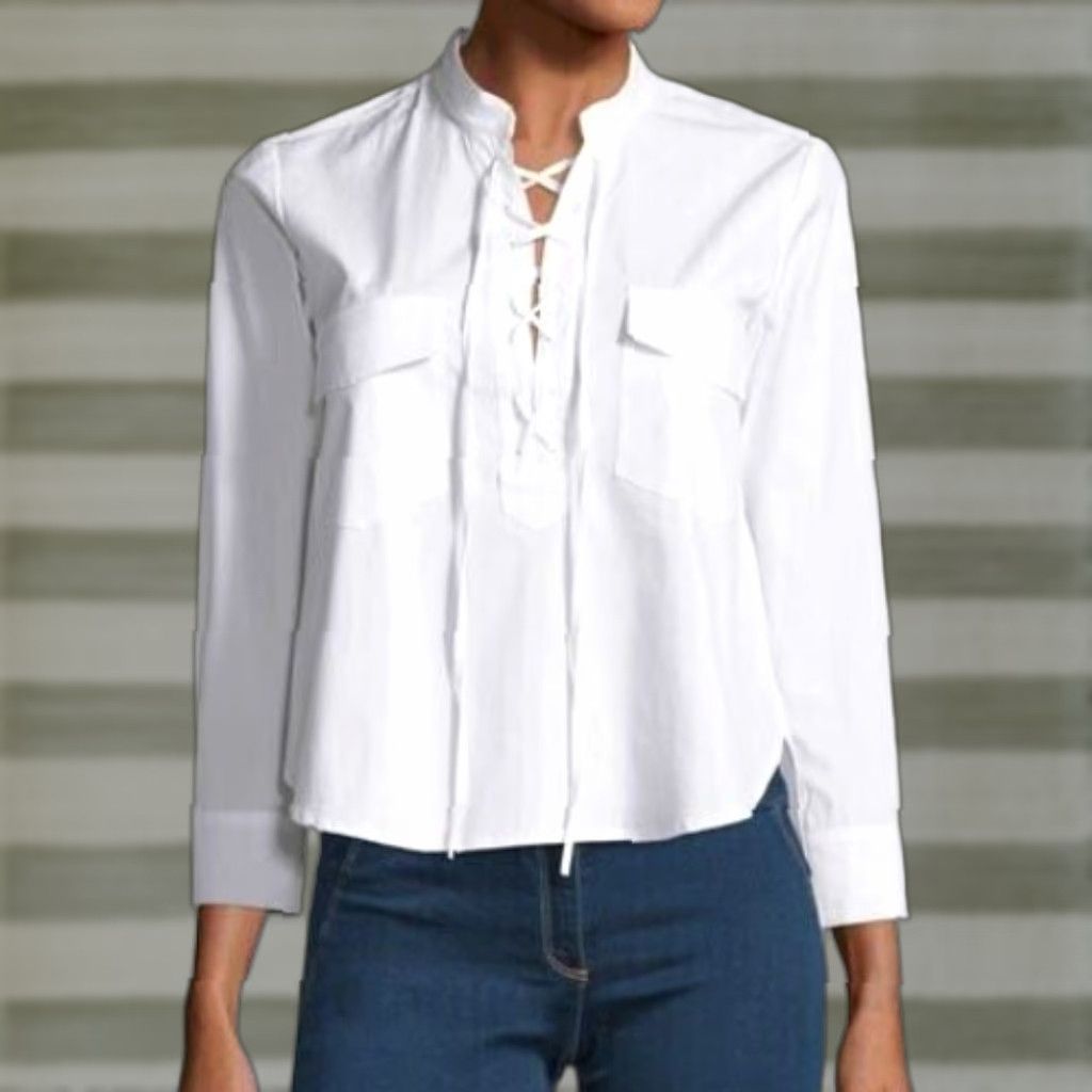 Veronica Beard VERONICA BEARD Blouse Women's Harper Lace Up Top 2 White Cotton Blend 3/4 Sleeve Lace Up Vintage/Pre-owned Womens BREN Size XS / US 0-2 / IT 36-38 - 1 Thumbnail