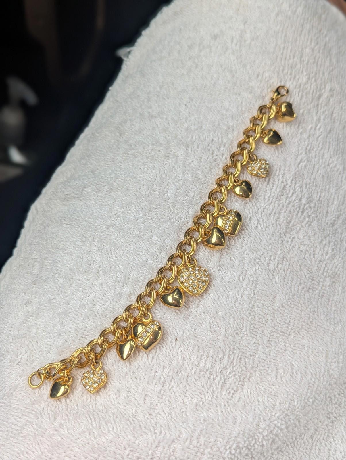 Designer VTG Nolan Miller Gold Tone Rhinestone Heart Charm Bracelet Size ONE SIZE - 6 Thumbnail