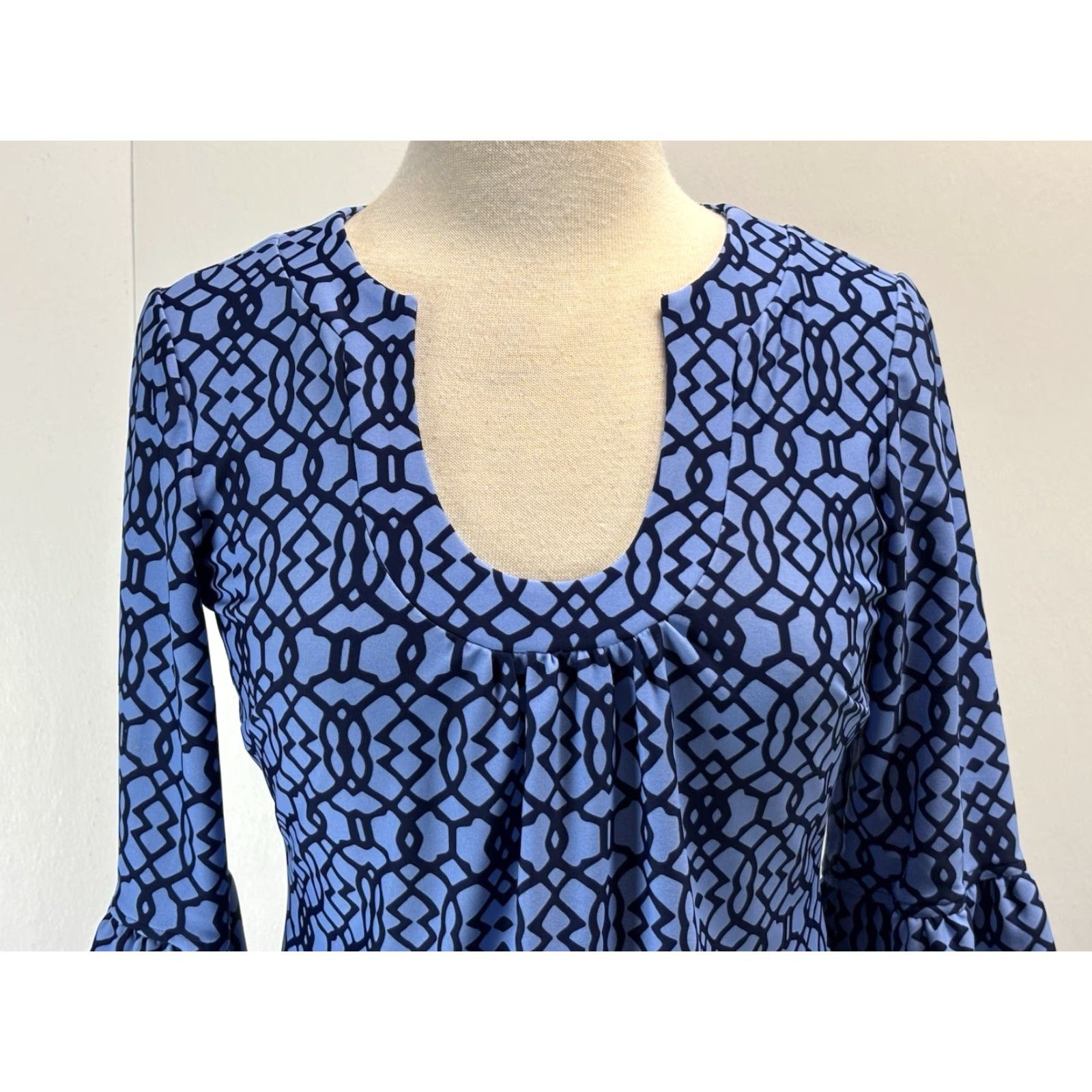 Vintage Jude Connally Blue Geometric Shift Dress Small Womens U-Neck Ruffle Sleeve Casual Size S / US 4 / IT 40 - 5 Thumbnail
