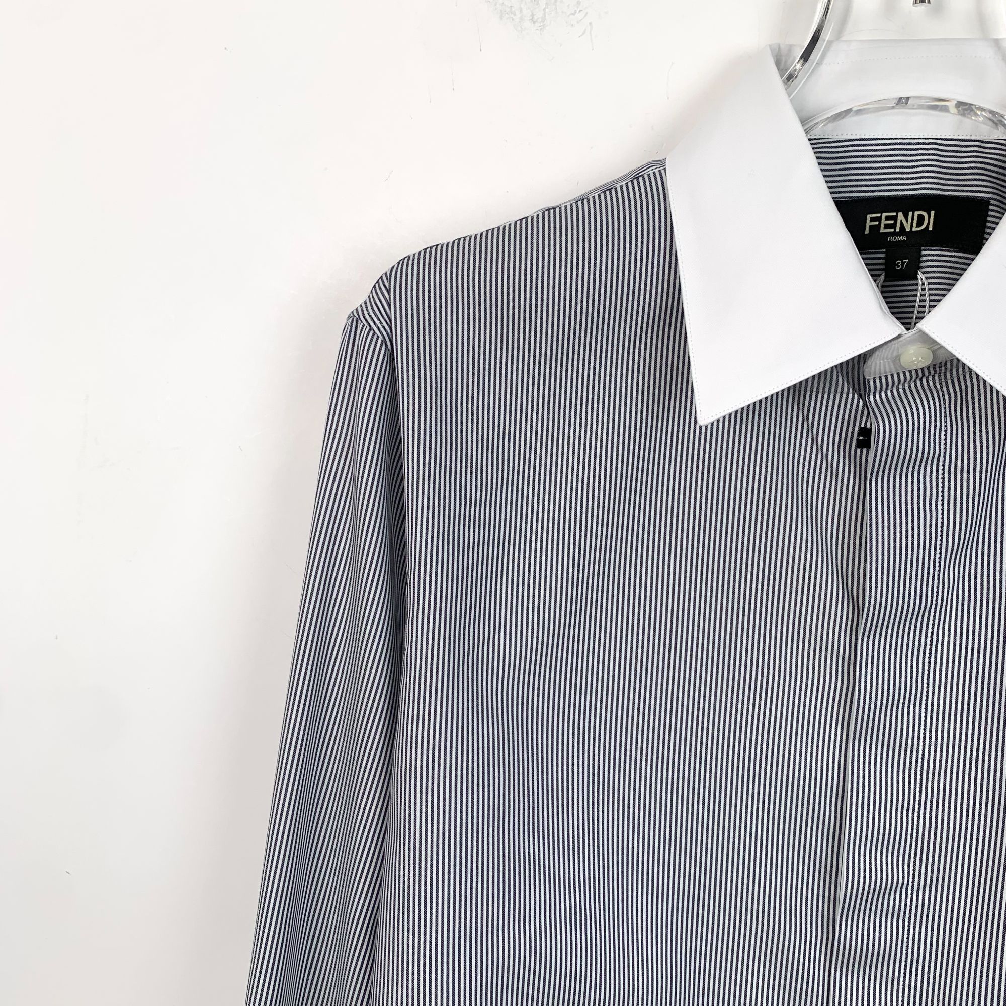 Fendi Fendi Mens Striped Blue Cotton Long Sleeve Shirt With Logo E Size S / US 4 / IT 40 - 7 Thumbnail