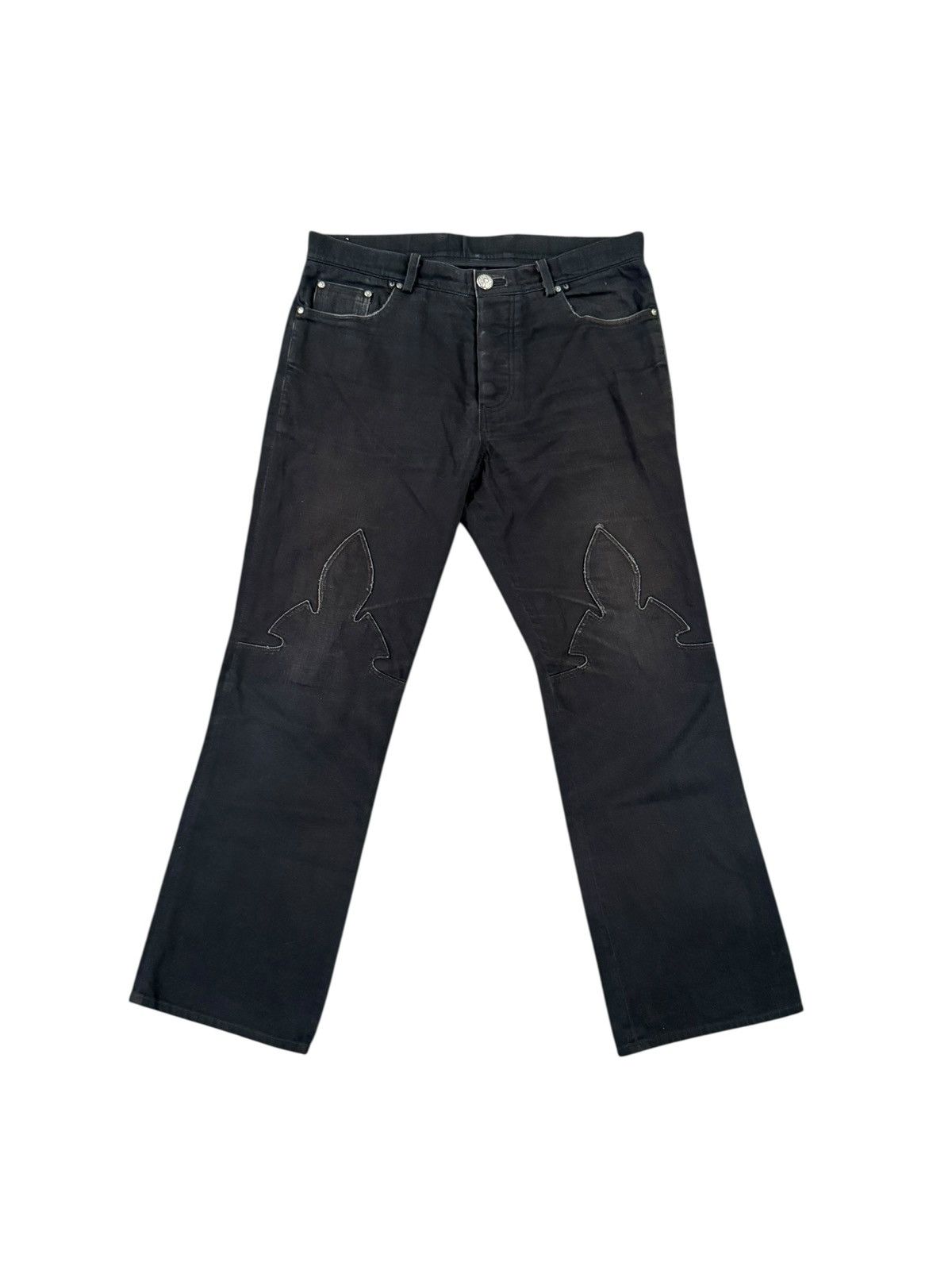 【Chrome Hearts】Flare Knees Damage Denim Chrome Hearts Fleur Knee Cross Patch Jeans Blue Men's - FW22
