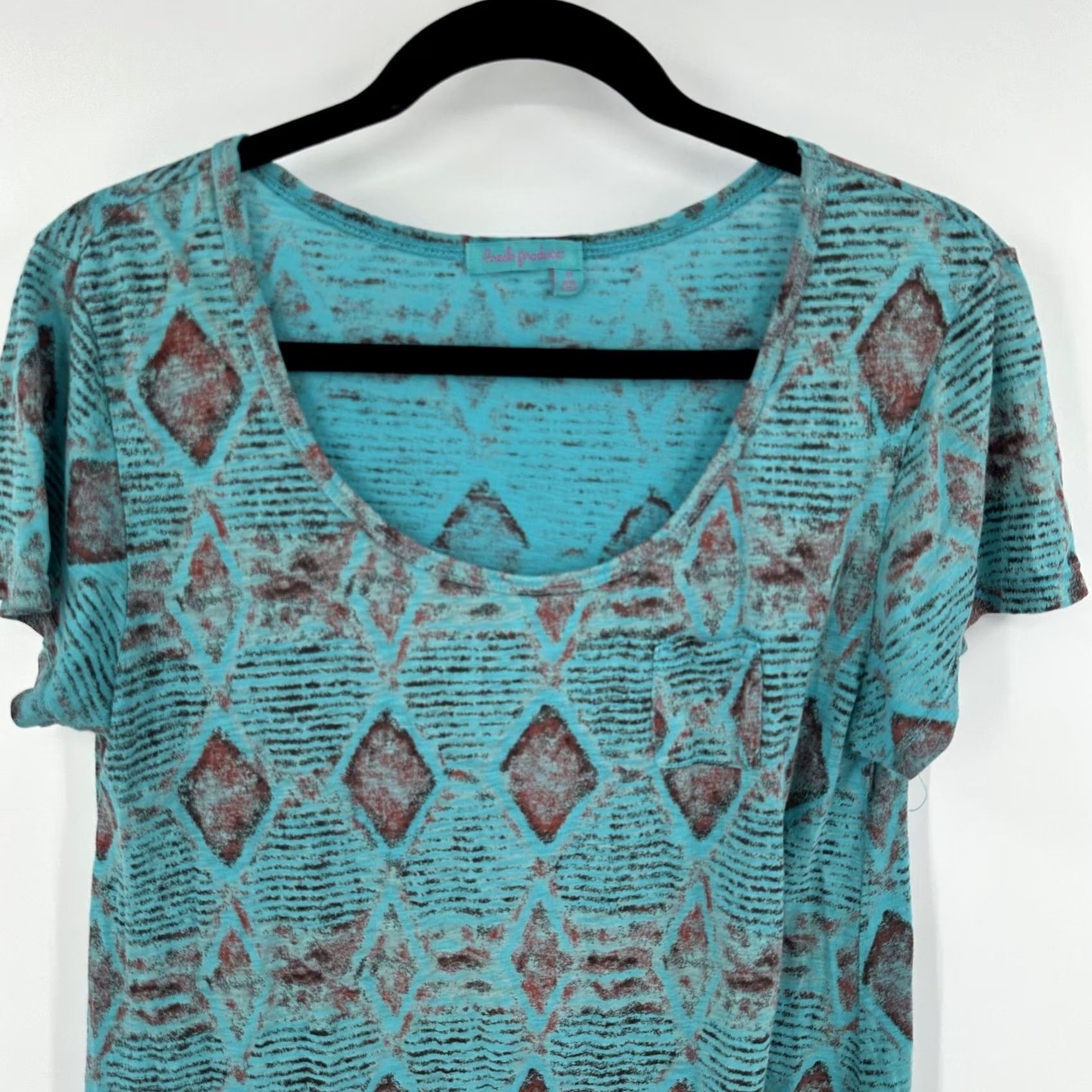 Vintage Fresh Produce Shirt Womens Medium Blue Geometric Diamond Print Boho Pocket Tunic Size M / US 6-8 / IT 42-44 - 2 Thumbnail