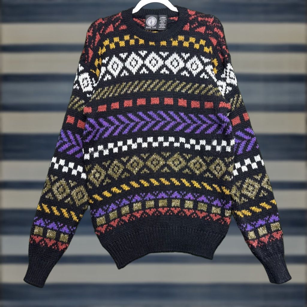 VINTAGE Hang Ten Sweater Mens Large Multicolor Aztec Geometric Knit Pullover 90s