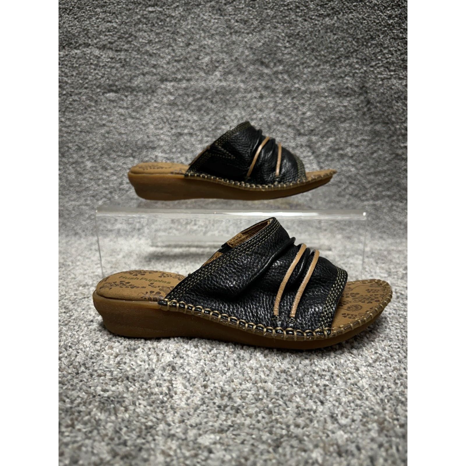 Hush Puppies VINTAGE Hush Puppies Leather Slides Womens 8.5 Black Wedge Comfort Cushioned Resort Y2K Slides Womens Size US 9 / IT 39 - 3 Thumbnail