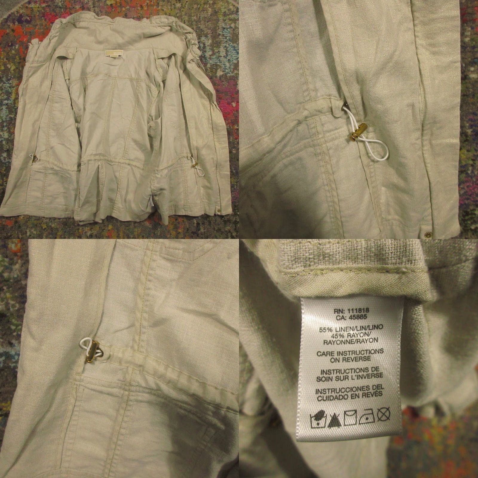 Michael Kors Michael Kors Linen Jacket Womens Medium Khaki White 3/4 Sleeve Ruffle Neck Pockets Zip Snap Utility Jacket Size M / US 6-8 / IT 42-44 - 8 Thumbnail