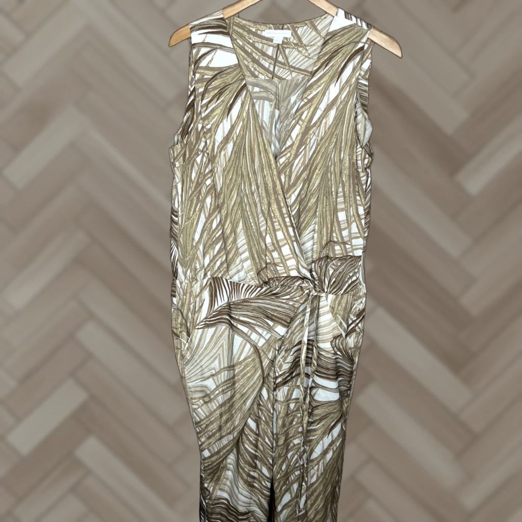 Vintage New York & Company Jumpsuit Palm Print Beige V-Neck Sz 16 Women Size 38" / US 16 / IT 52 - 1 Thumbnail