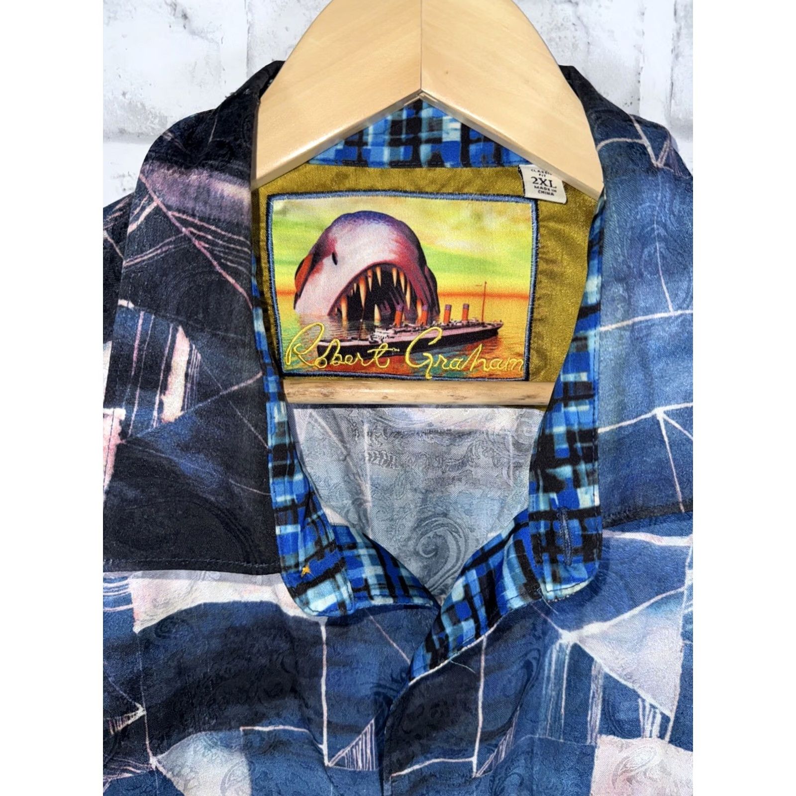 Robert Graham Robert Graham Silk Blend Geometric Print Button-Up Shirt Mens 2XL Short Sleeve Blue Classic Fit Size US XXL / EU 58 / 5 - 2 Thumbnail