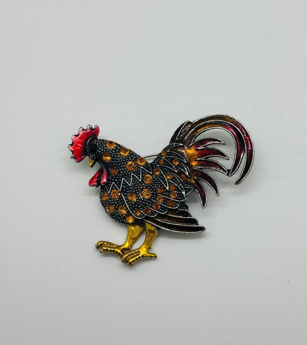 The Unbranded Brand Charming Rooster Rhinestone Enamel Brooch Black Gold Amber Size ONE SIZE - 1 Thumbnail