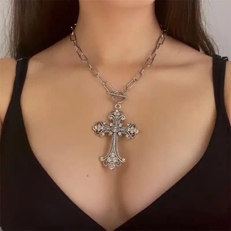 Jewelry Large Detailed Rhinestone Cross Necklace Size ONE SIZE - 1 Thumbnail