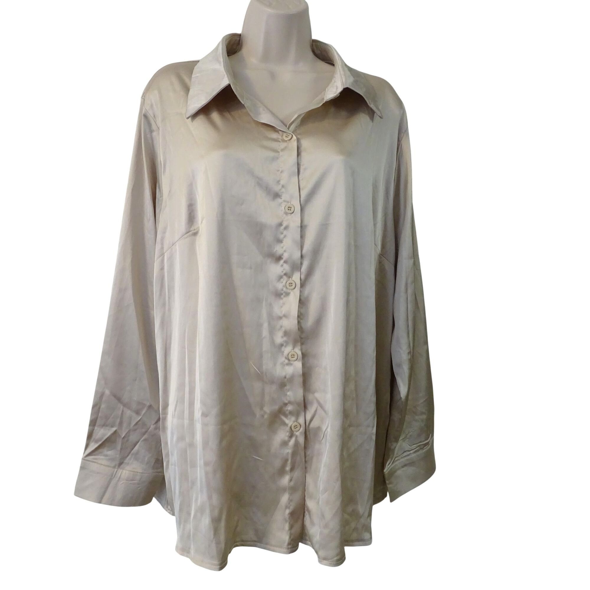 Shein Shein Women Tan Satin Button Up Long Sleeve Blouse Shirt 2XL Size XXL / US 16-18 / IT 52-54 - 1 Thumbnail