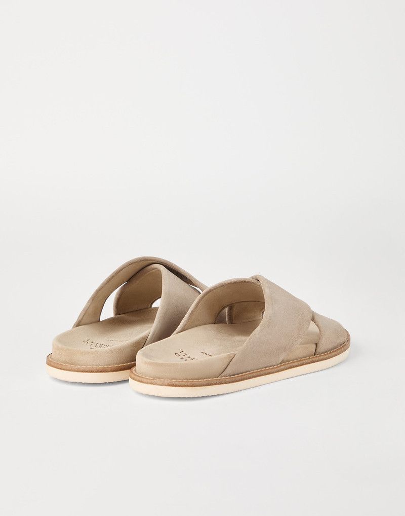 Brunello Cucinelli o1la1rc1a0326 Washed Suede Cross-Over Slides Slippers Beige Size US 10 / EU 43 - 4 Thumbnail