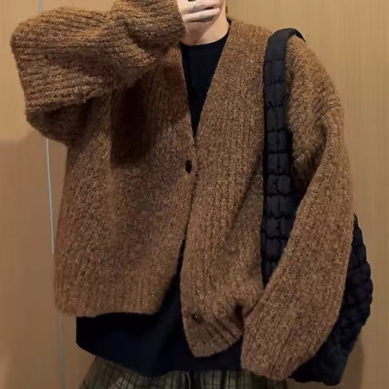 Other Knitted Casual Brown Cardigan Streetwear Solid V Neck Size US L / EU 52-54 / 3 - 4 Thumbnail