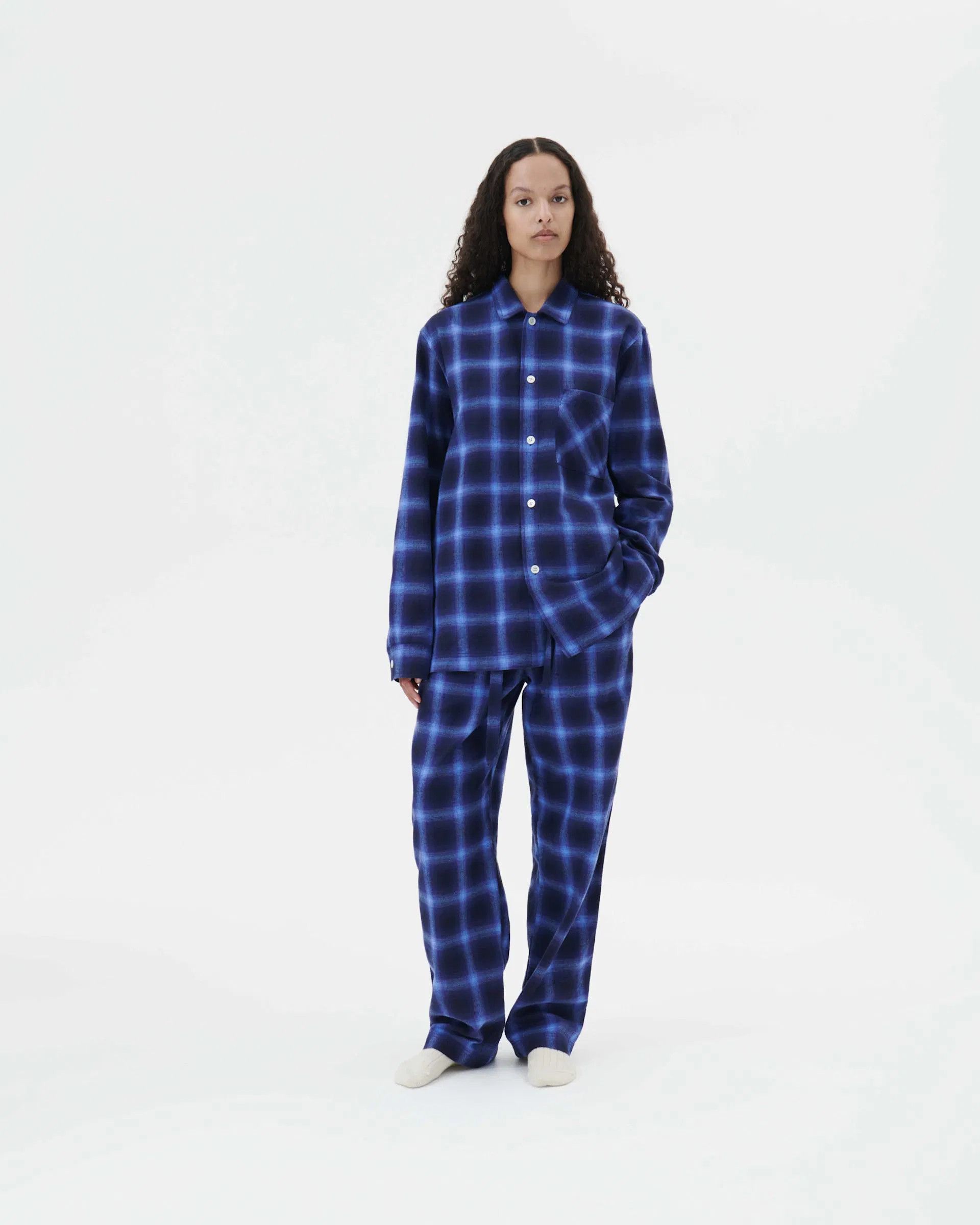 Tekla o1mle0525 Unisex Flannel Pyjamas Pants in Dark Blue Size 28" / US 6 / IT 42 - 2 Thumbnail