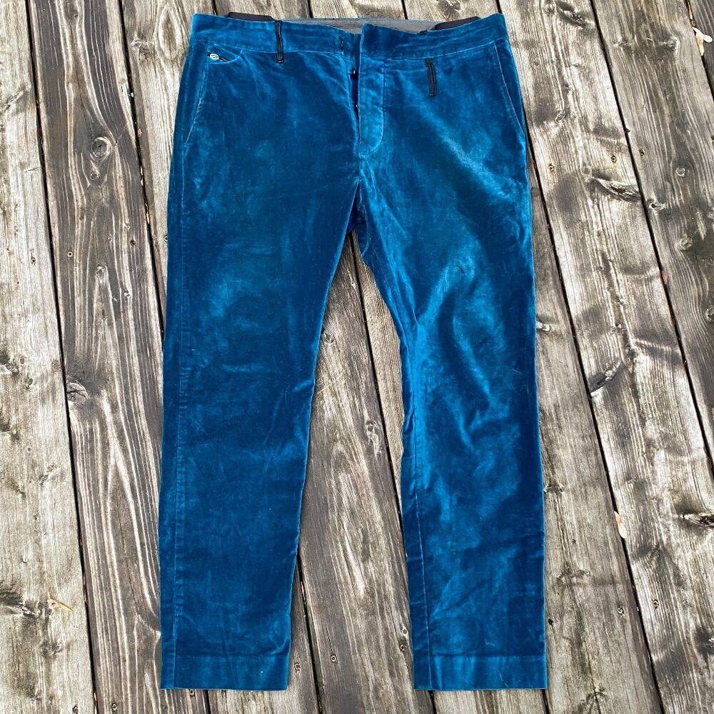 blue long sleeve tight dress 70s Electric Blue Cotton Velvet Trousers – Better Dresses Vintage main image 1