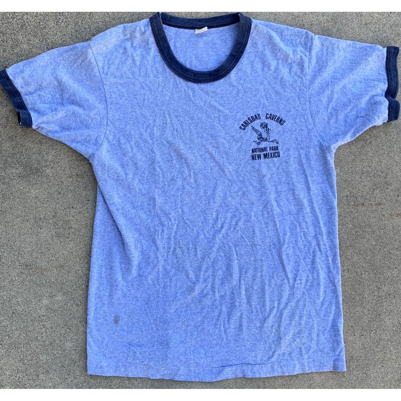 Vintage VINTAGE Screen Stars Carlsbad Caverns National Park New Mexico ringer tee roadrunner graphics Blue L 1980s Unisex Size US L / EU 52-54 / 3 - 3 Thumbnail