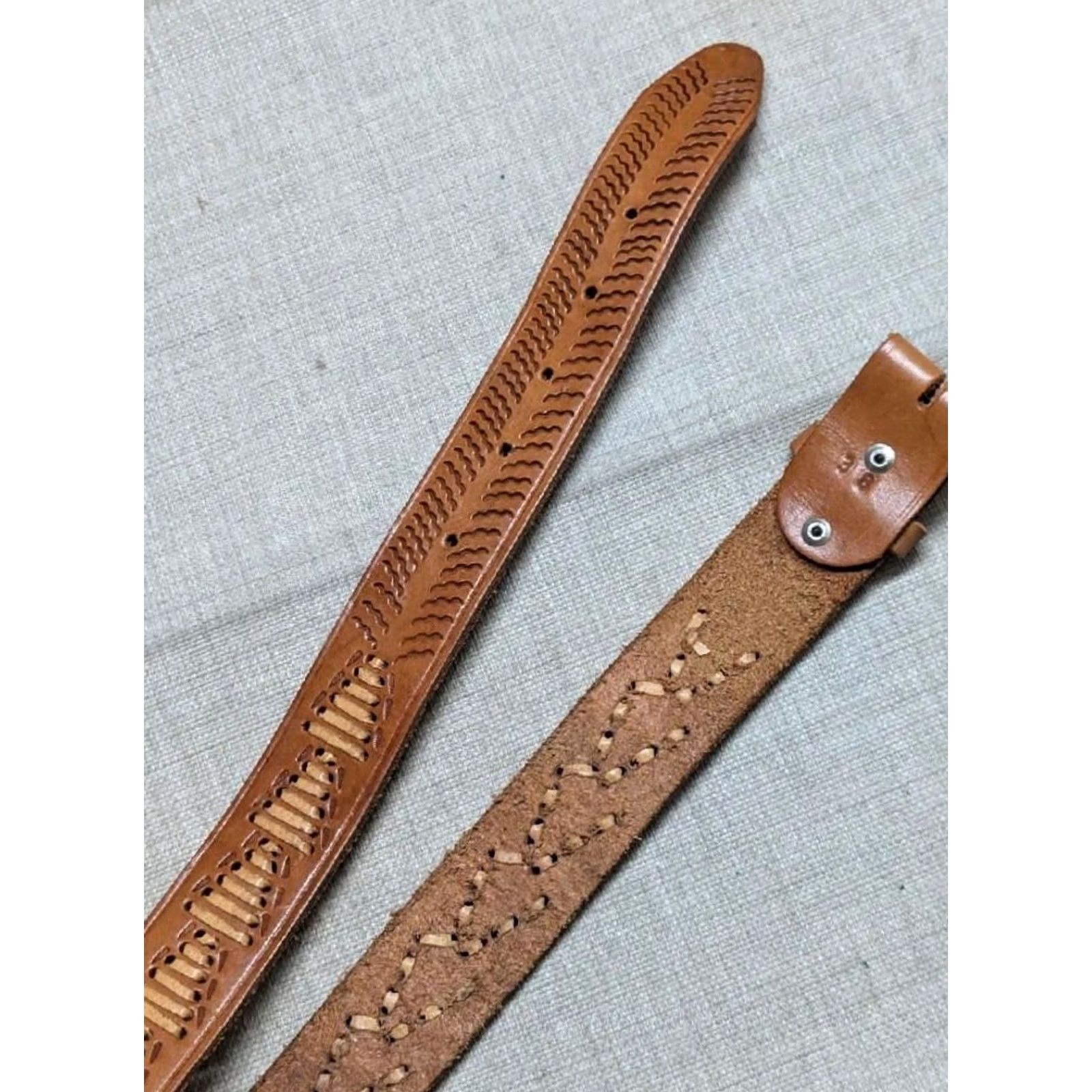 Vintage VINTAGE handcrafted tooled leather Western Belt 38 Mens Brown Weave Hippie 1970s Cowboy Boho Western Belt Mens Size 38 - 2 Thumbnail