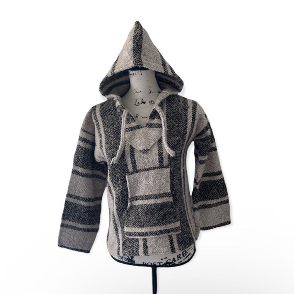 Other Baja Hoodie Pullover Gray Beige Striped Mexican Poncho Style Size S / US 4 / IT 40 - 1 Thumbnail