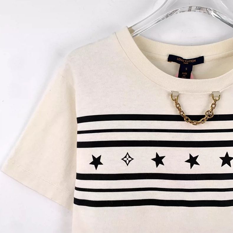 Louis Vuitton Louis Vuitton 22 beige striped chain cotton crewneck T-shi Size S / US 4 / IT 40 - 3 Thumbnail