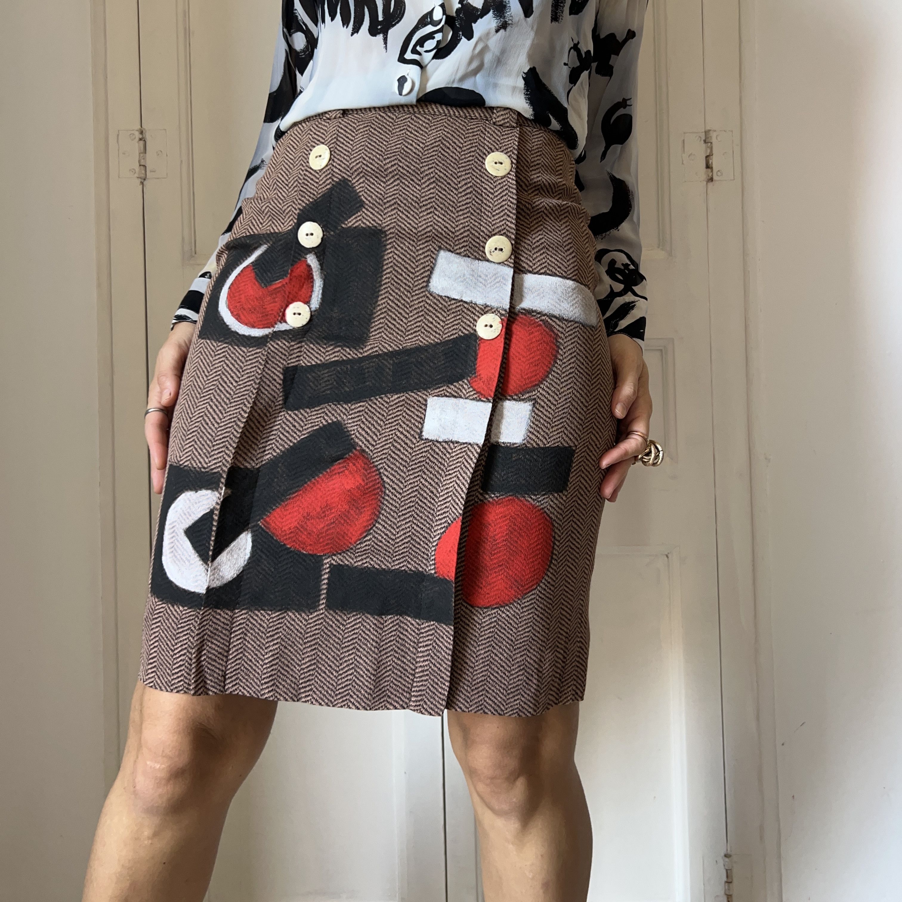 Custommade Hand Painted Abstract Skirt: Herringbone Geometric Size 28" / US 6 / IT 42 - 10 Thumbnail