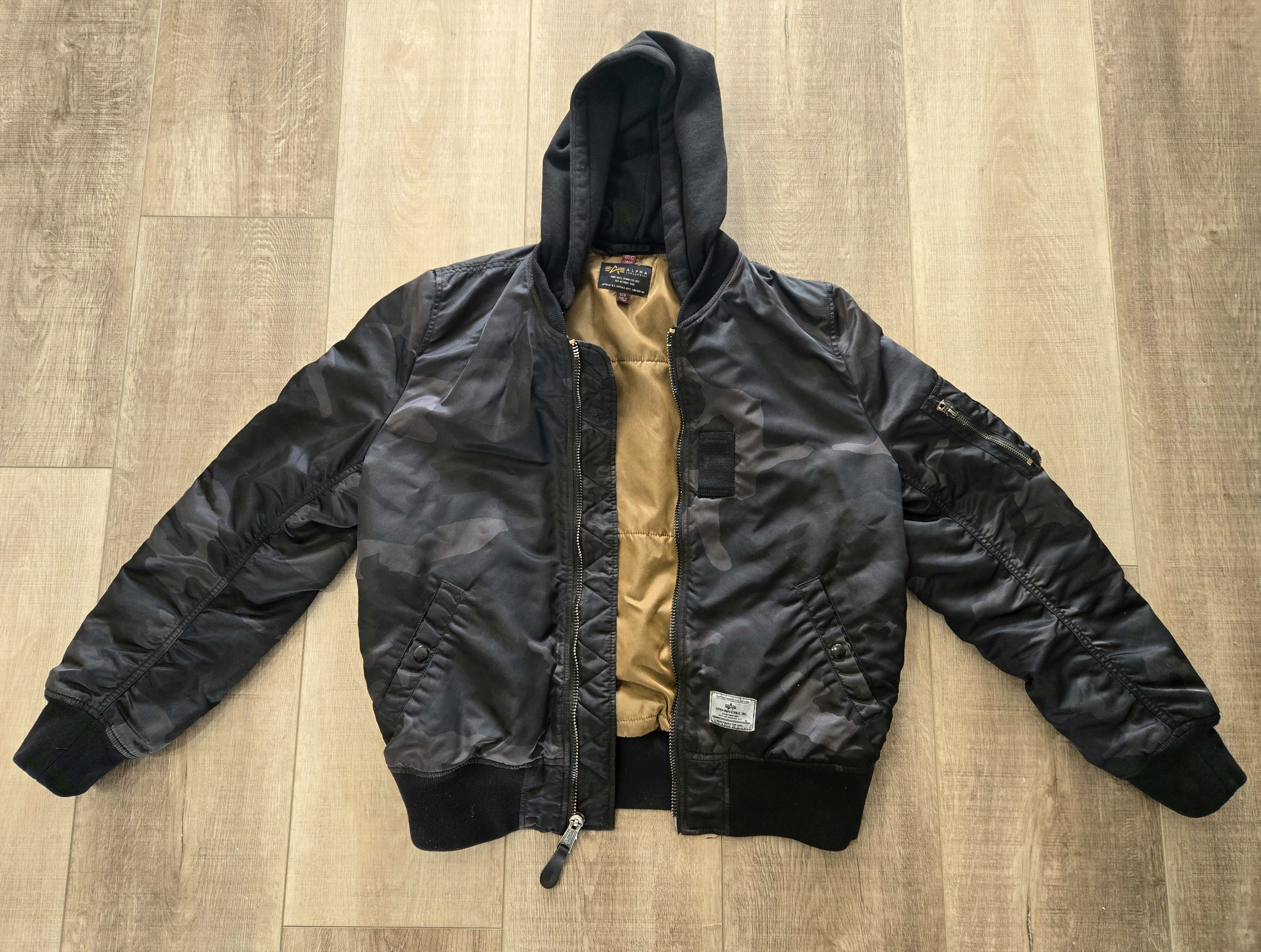Alpha Industries Black Camo Bomber Jacket W/ Removable Hood