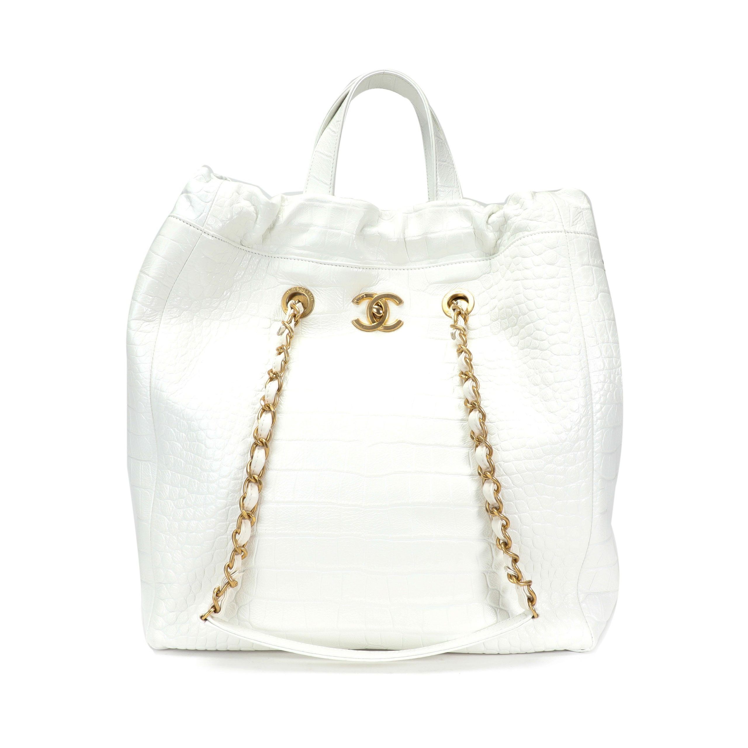 image of Chanel White Crocodile-Embossed Large Shopping Tote, Women's