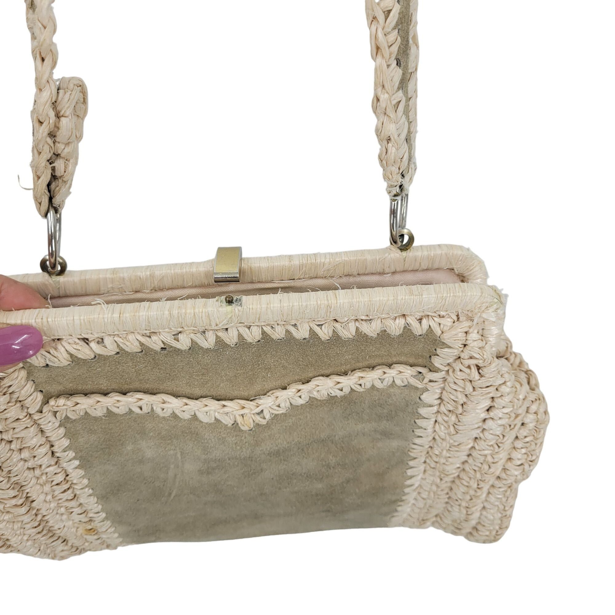 Vintage Vintage Handmade Crochet Macrame Straw Suede Shoulder Bag P Size ONE SIZE - 4 Thumbnail