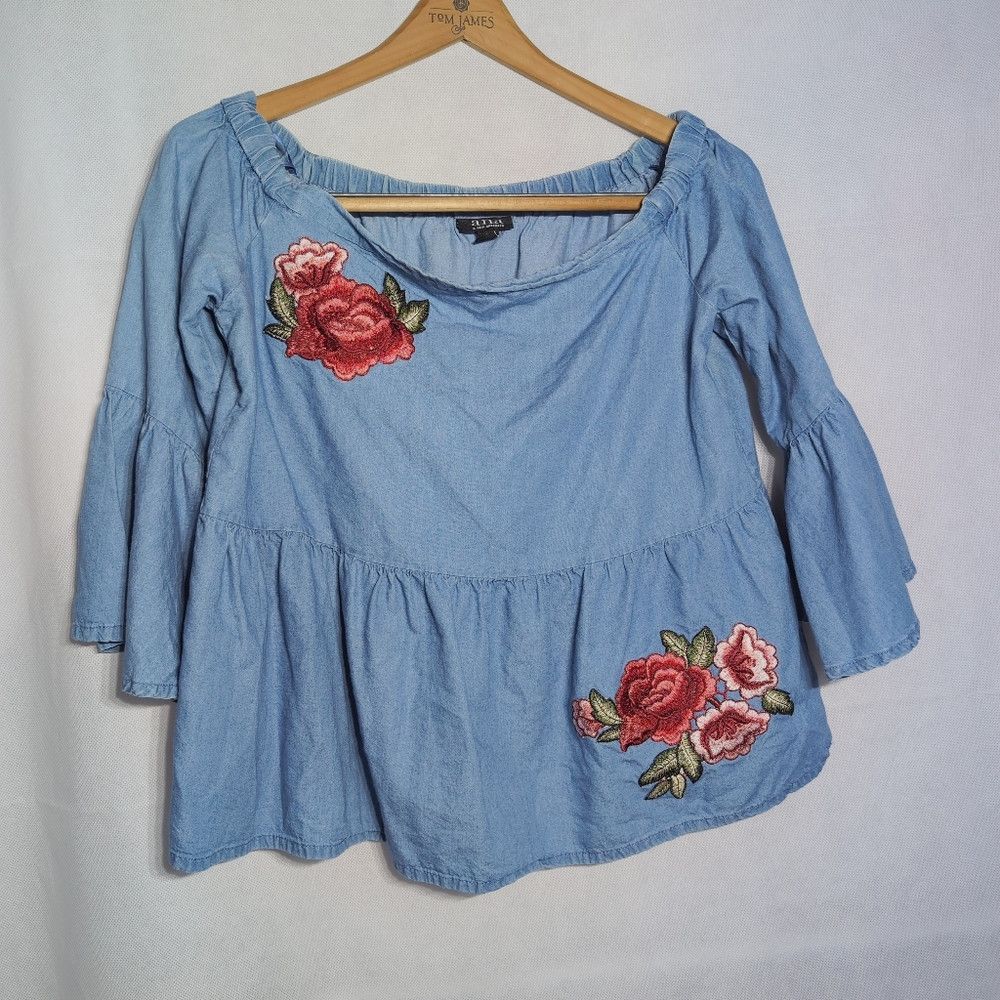 Designer Ana Sz S Off The Shoulder Blue Denim Floral Embroidered Wom Size S / US 4 / IT 40 - 6 Thumbnail