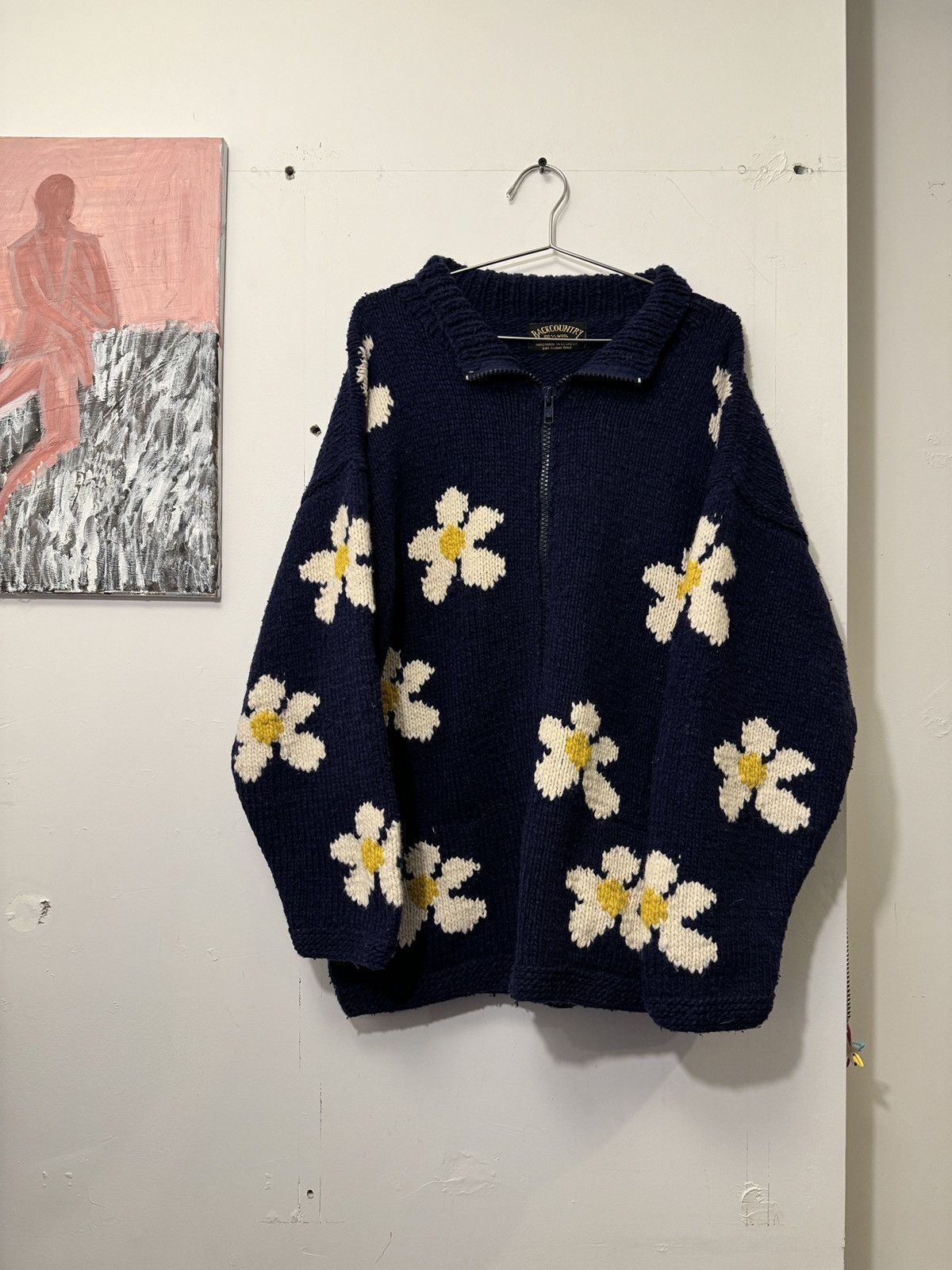 image of Vintage Daisy Wool Flower Knit Cardigan Sweater in Navy Blue, Men's (Size XL)