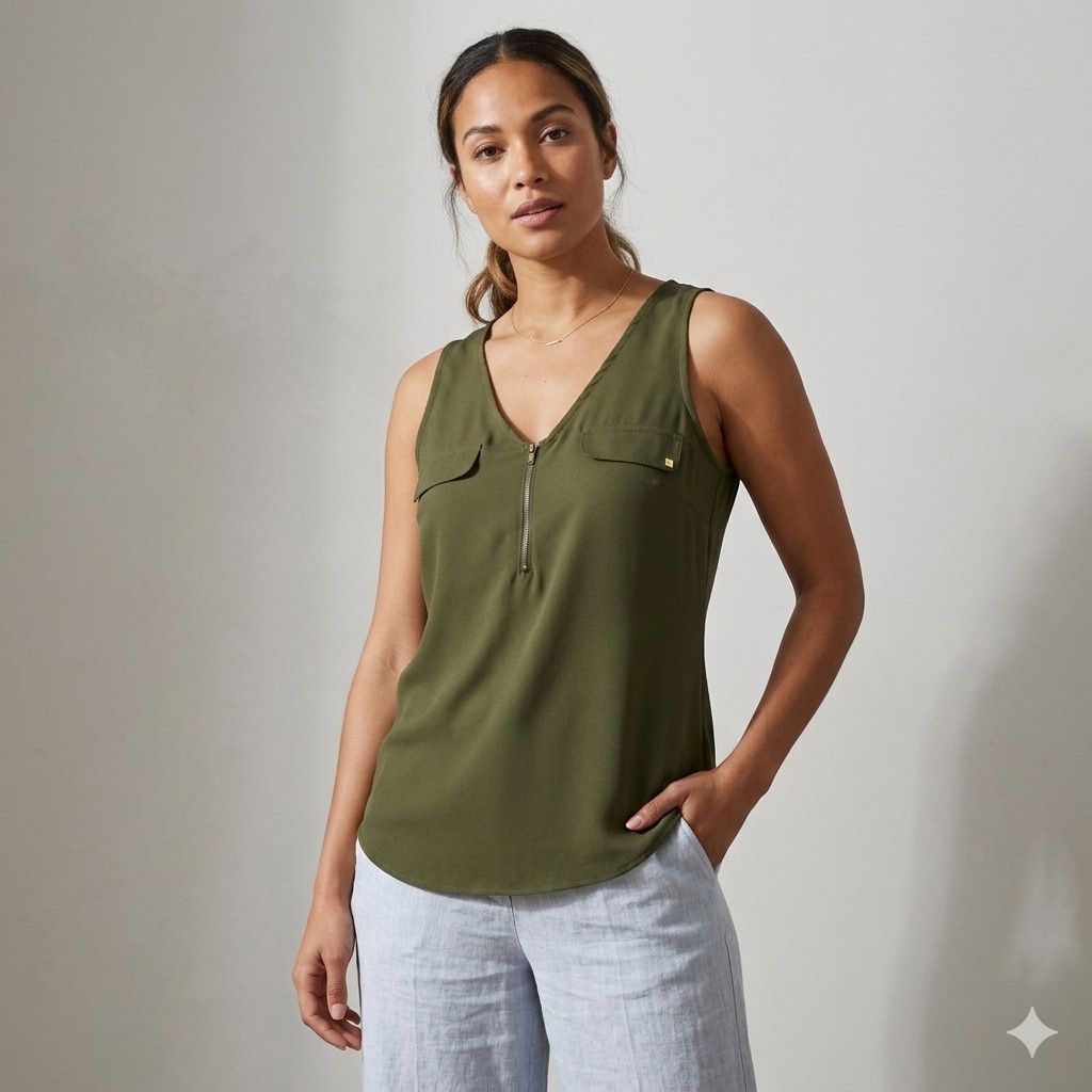 Other Fashion Web Size M Tank Top Army Green Chiffon V Neck Faux Size M / US 6-8 / IT 42-44 - 2 Thumbnail