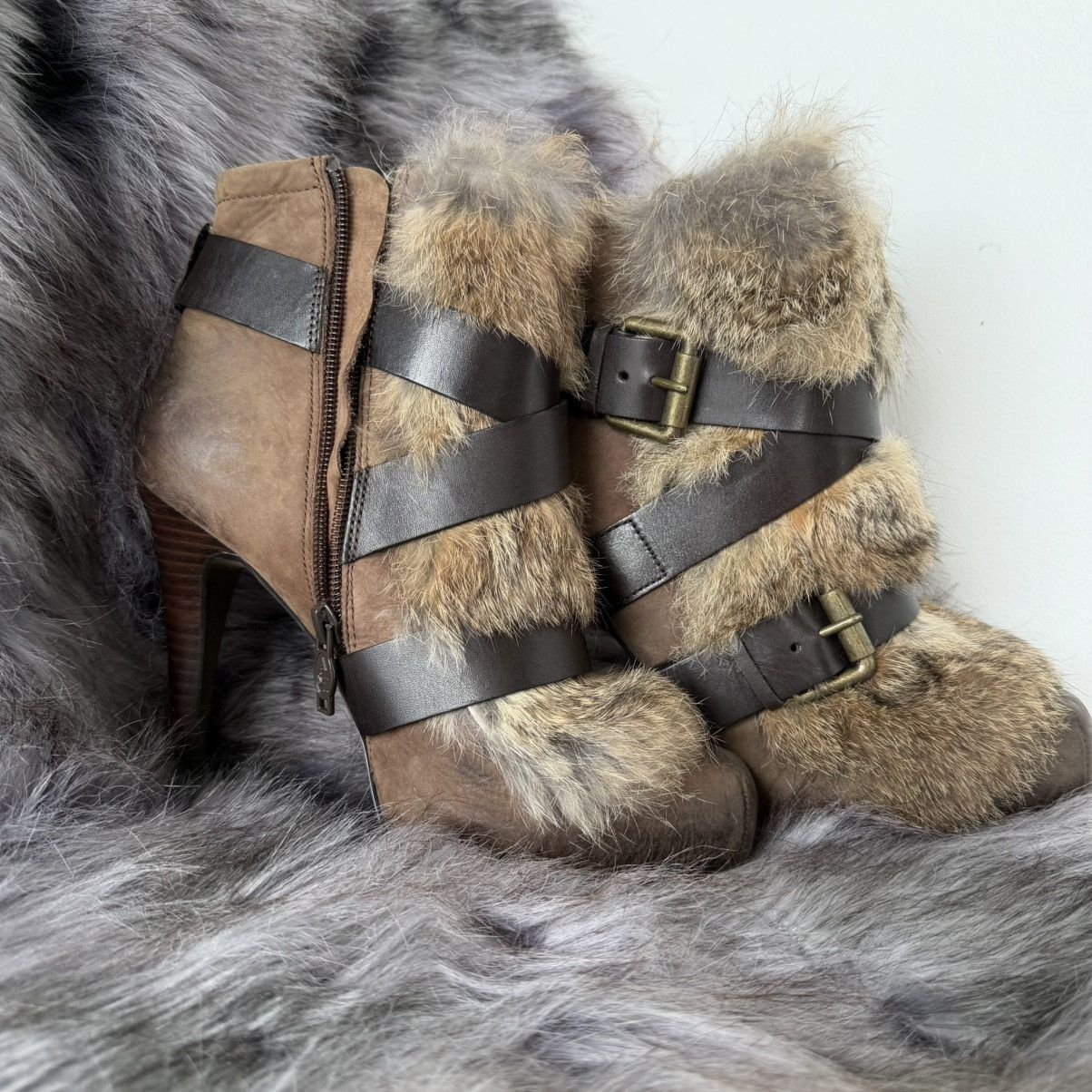 ASH ASH RABBIT FUR BONDAGE HEELS LEATHER WINTER BOOTS Y2K Size US 8 / IT 38 - 2 Thumbnail