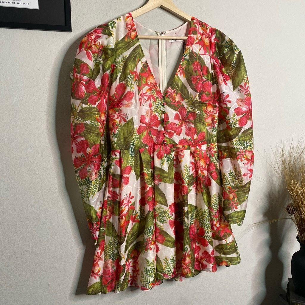 Amur NEW AMUR Dress Floral Tropical Puff Sleeve Mini Dress Red Si Size M / US 6-8 / IT 42-44 - 3 Thumbnail