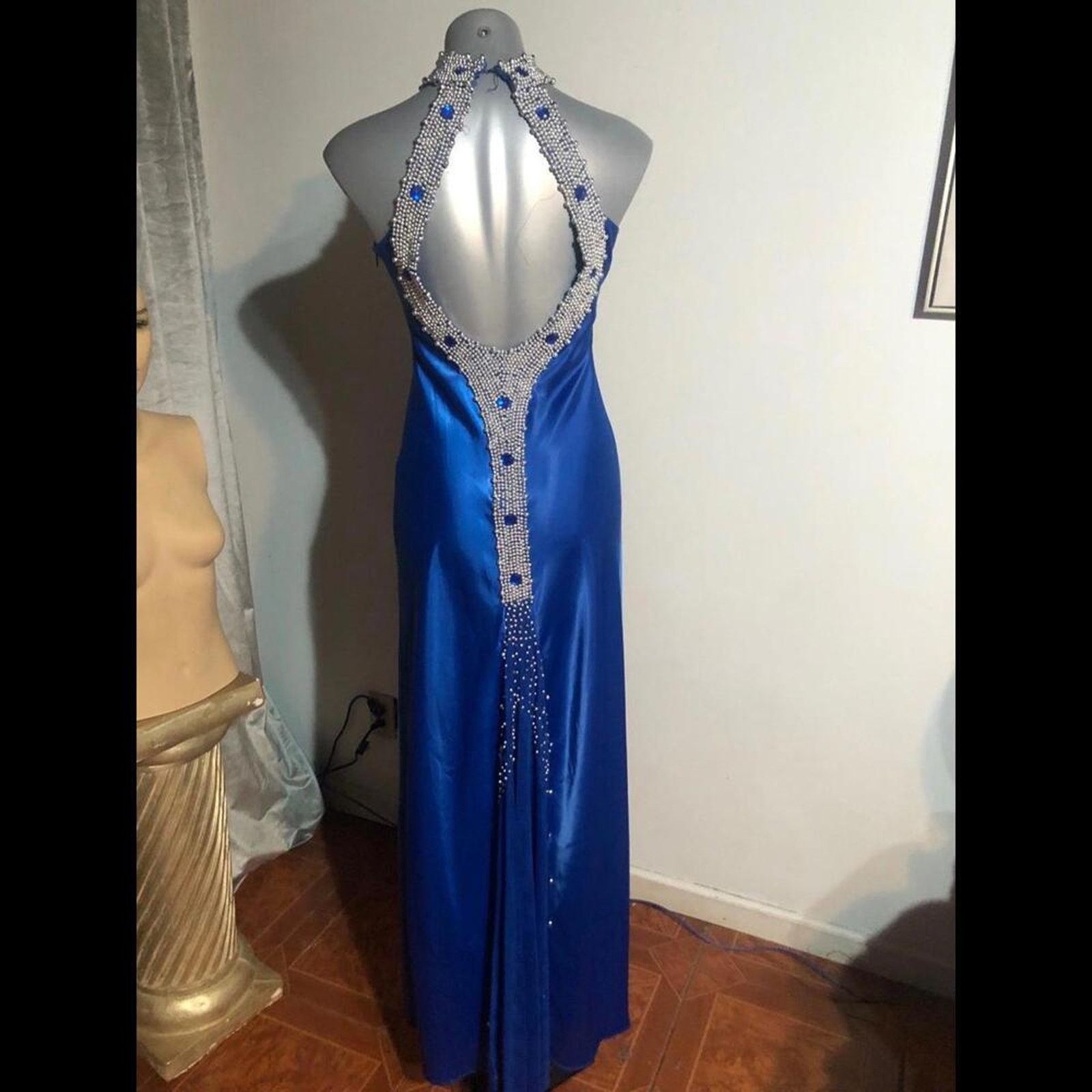 Blue silky smooth halter gown dress with back beading