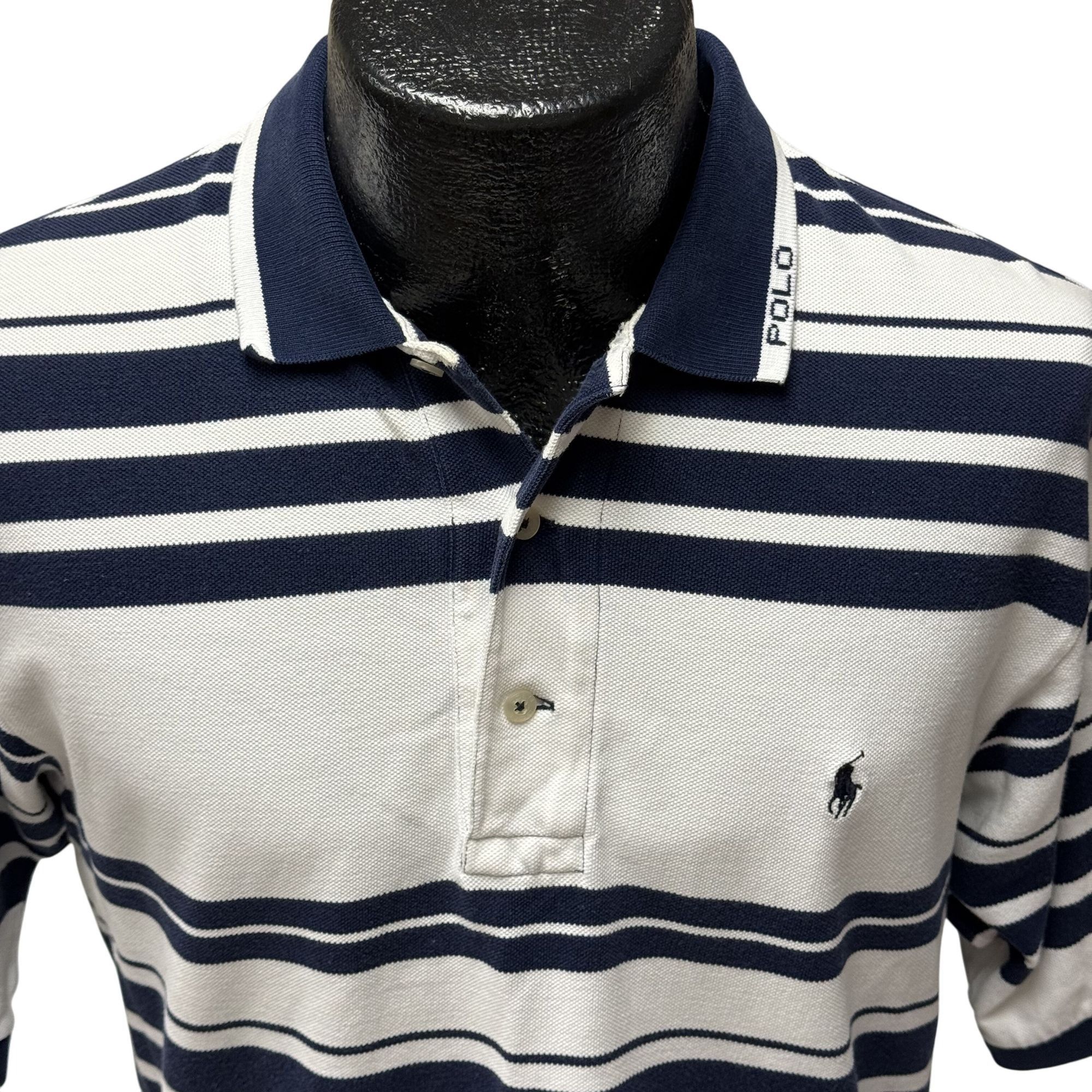 Polo Ralph Lauren Y2K White Blue STRIPE Polo SPELLOUT Pony Logo Golf Shirt M Size US M / EU 48-50 / 2 - 3 Thumbnail