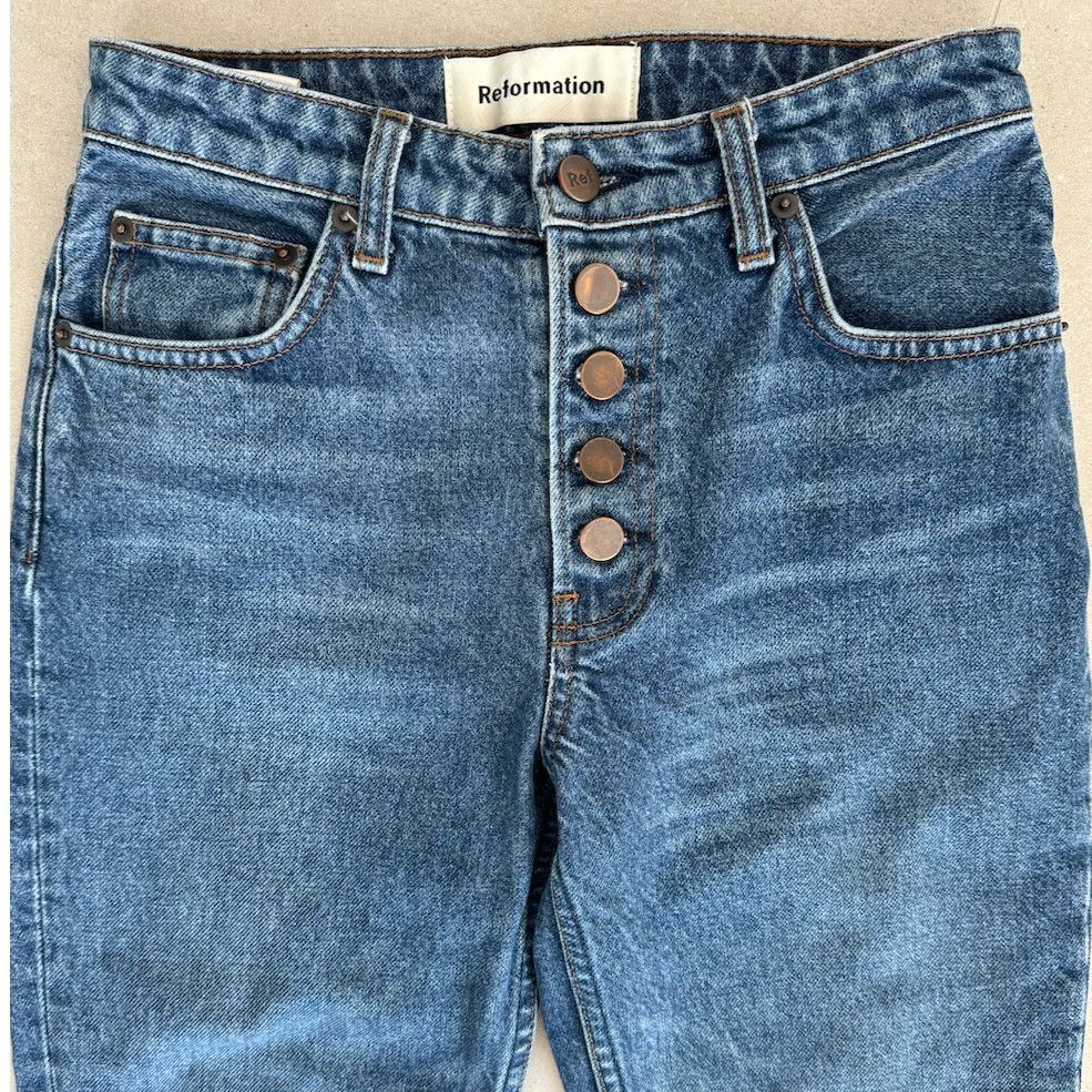 Reformation Reformation Mid Rise Button Straight Leg Jeans, Baltic Wash Size 25" / US 0 / IT 36 - 3 Thumbnail