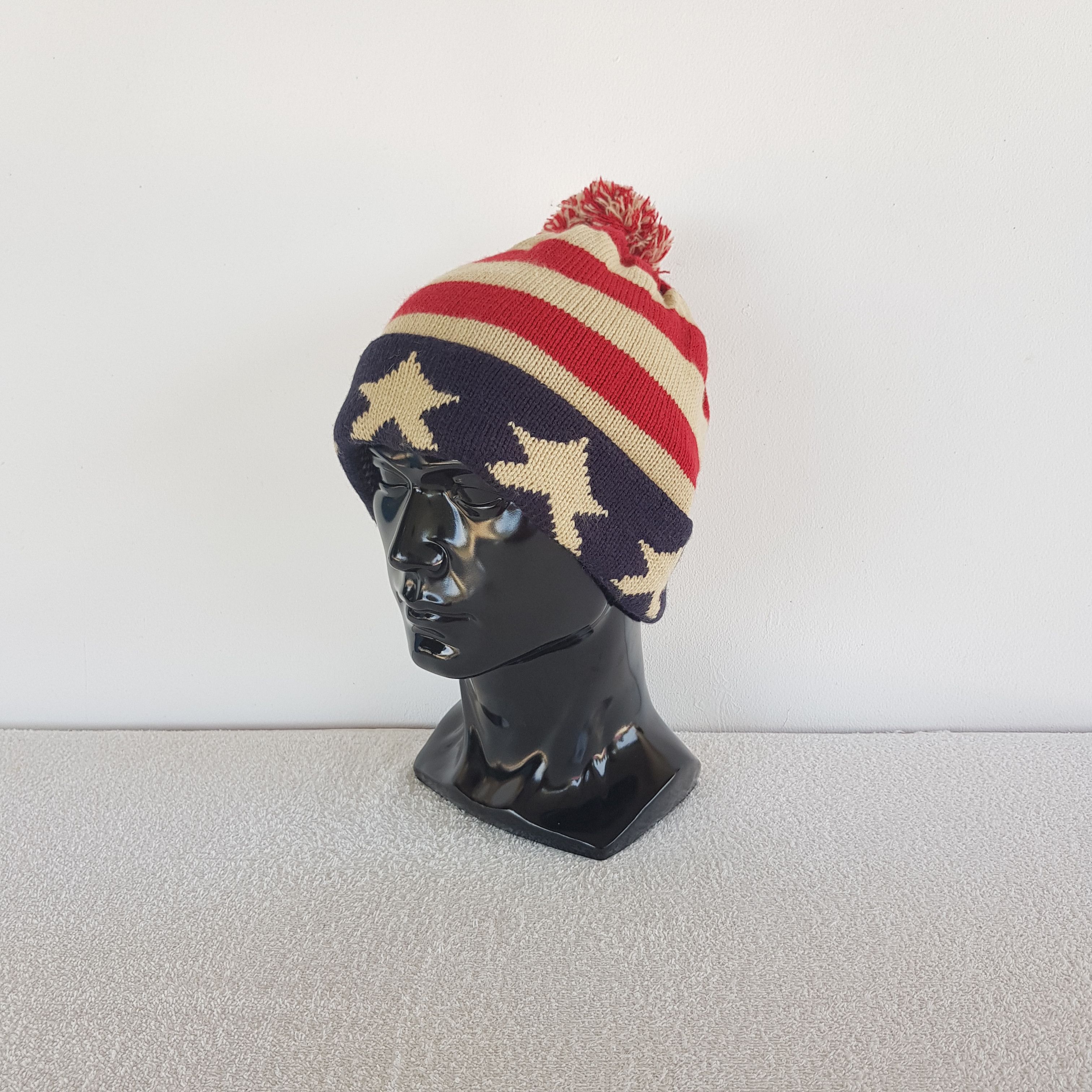 Japanese Brand Vintage 80s American Flag Beanie Knit Pom Pom Snow Caps Hats Size ONE SIZE - 1 Thumbnail