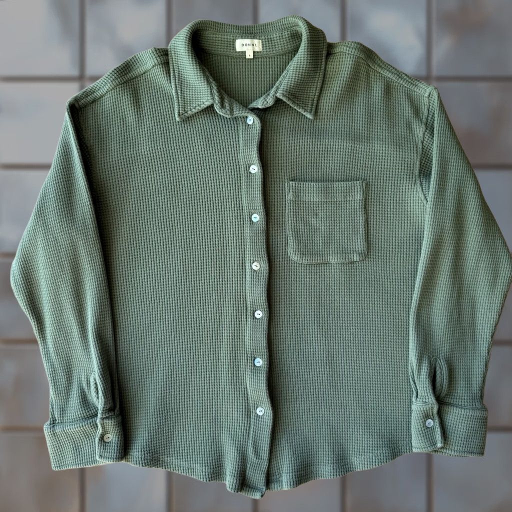 DONNI. VINTAGE Donni Waffle Button Down Women's S Green Made in USA Loungewear Boho Glam Size S / US 4 / IT 40 - 1 Thumbnail