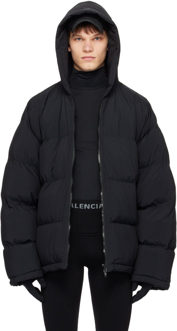 image of Balenciaga Sporty B Zip-Up Puffer Hoodie in Black, Men's (Size Small)