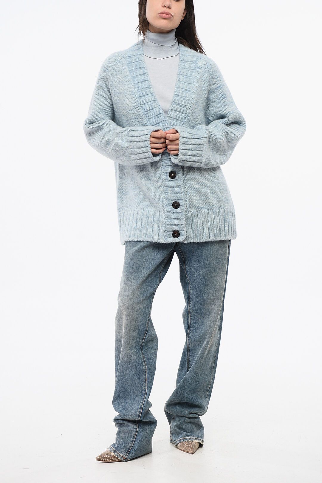 Maison Margiela og1mm0825 V-Neck 4 Buttons Oversized Cardigan in Light Blue Size L / US 10 / IT 46 - 4 Thumbnail