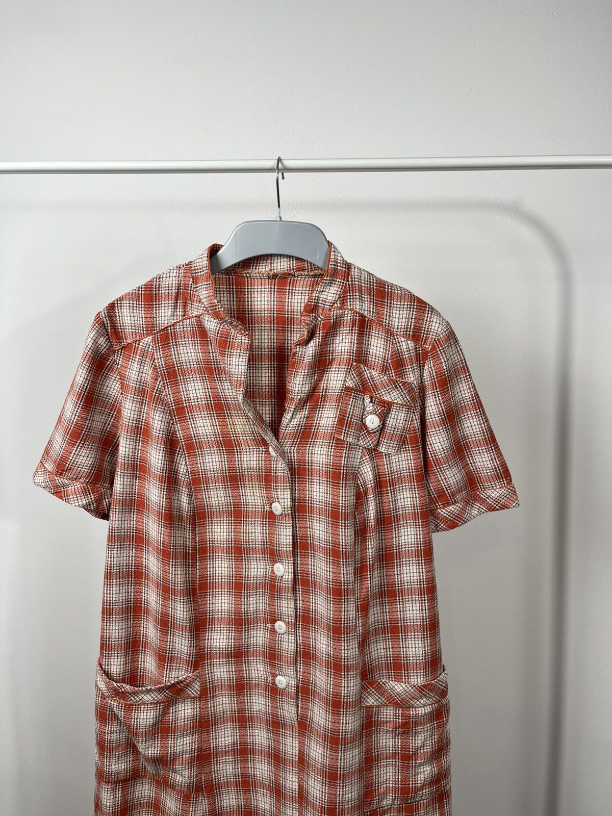 Vintage Vintage Red White Plaid Button-Down House Dress with Pockets Size M / US 6-8 / IT 42-44 - 2 Thumbnail
